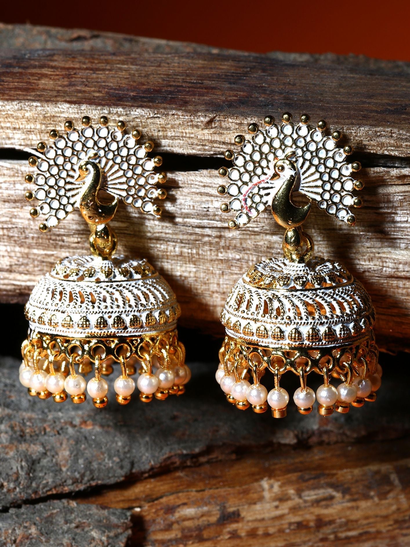 Women's White & Gold-Plated Enamelled Dome Shaped Jhumkas