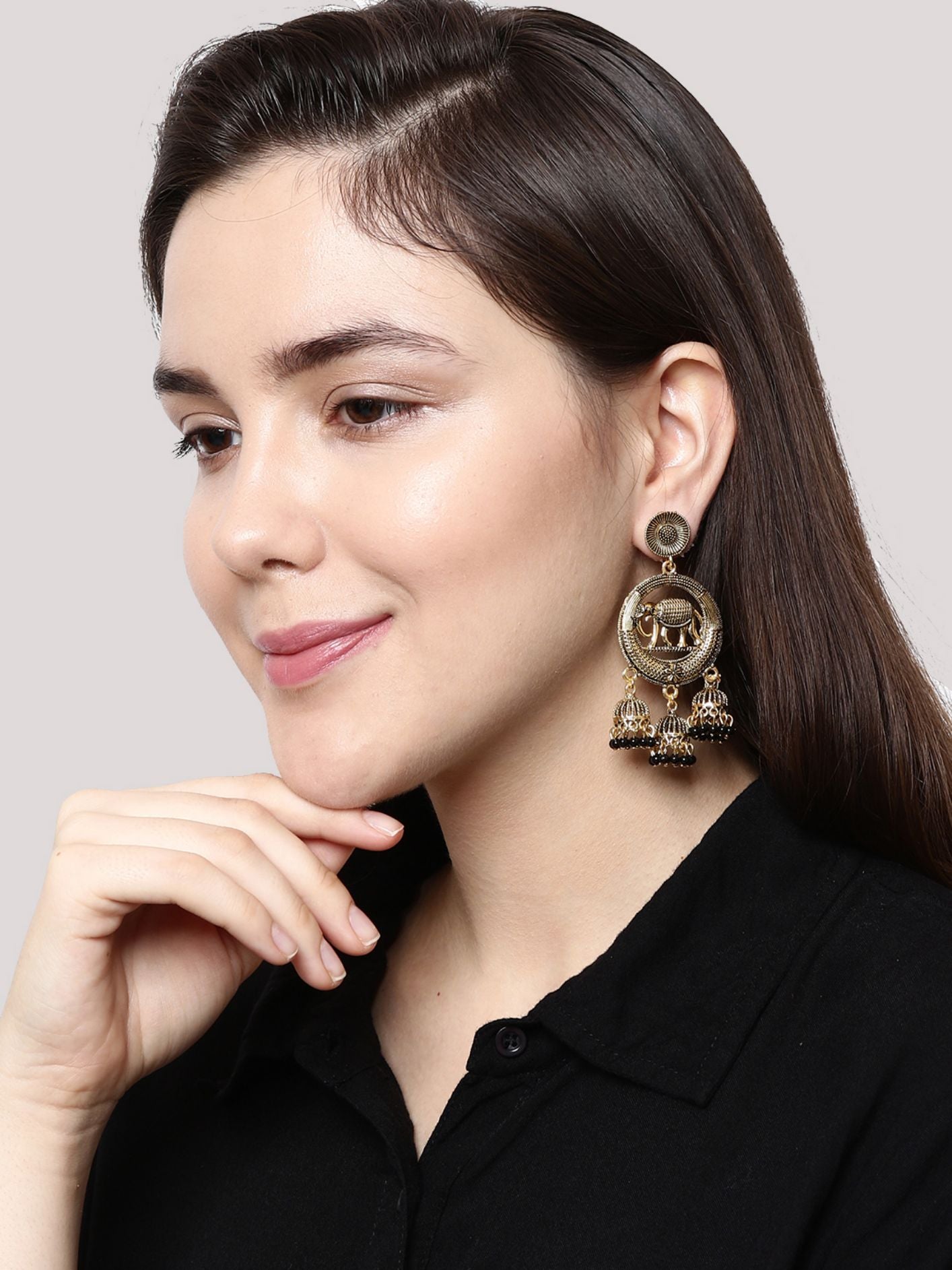 Women's Gold Plated & Black Circular Shaped Enamelled Drop Earrings