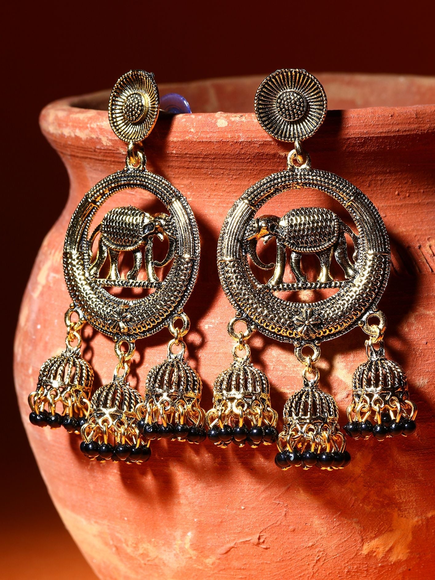 Women's Gold Plated & Black Circular Shaped Enamelled Drop Earrings