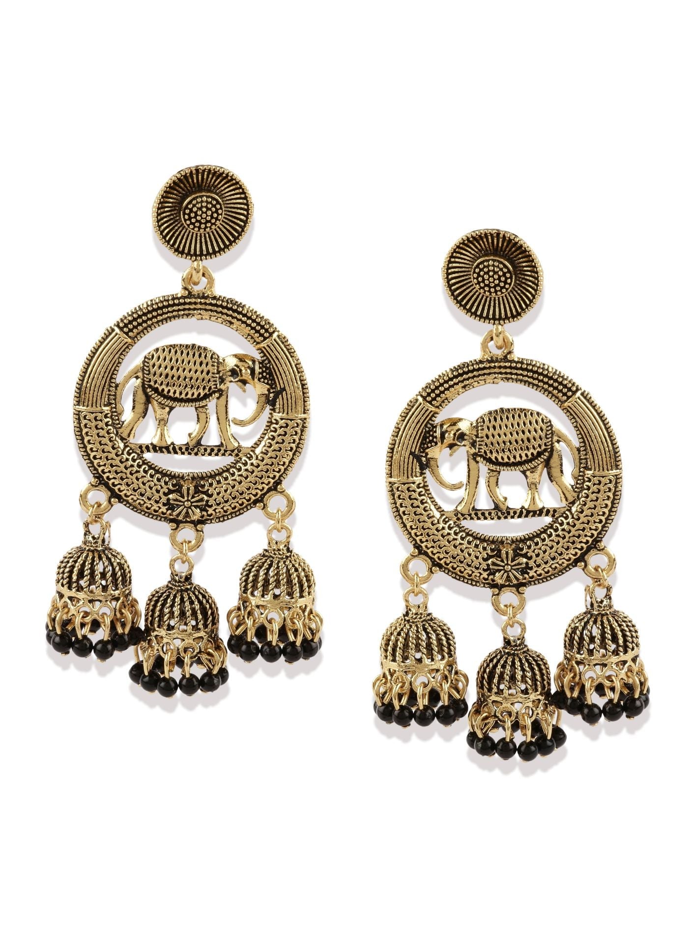 Women's Gold Plated & Black Circular Shaped Enamelled Drop Earrings