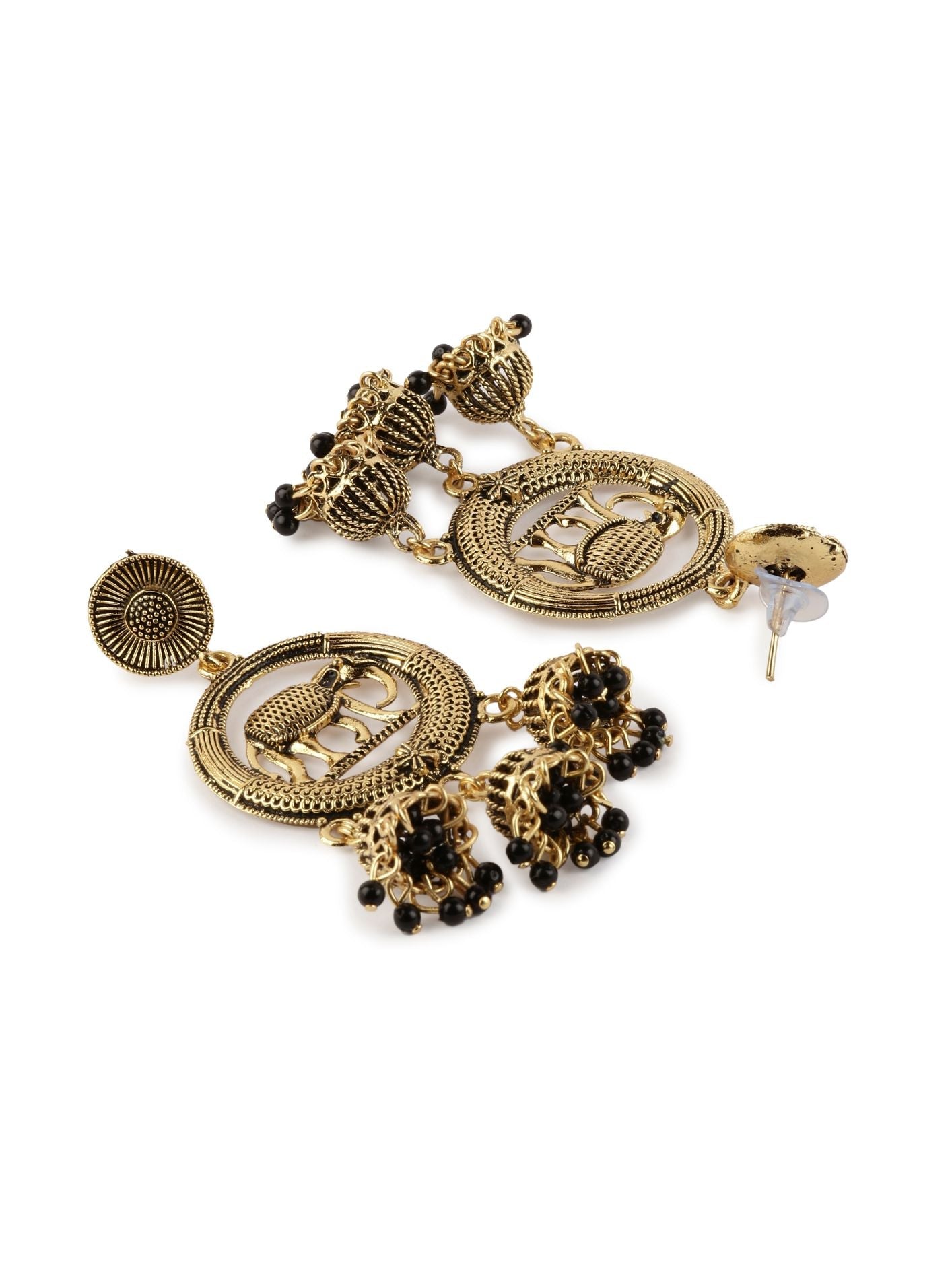 Women's Gold Plated & Black Circular Shaped Enamelled Drop Earrings