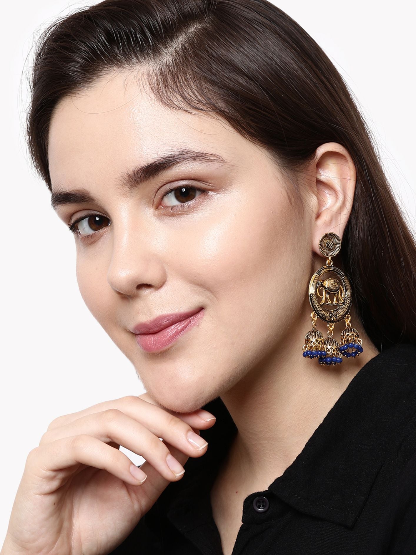 Women's Gold Plated & Blue Circular Drop Earrings