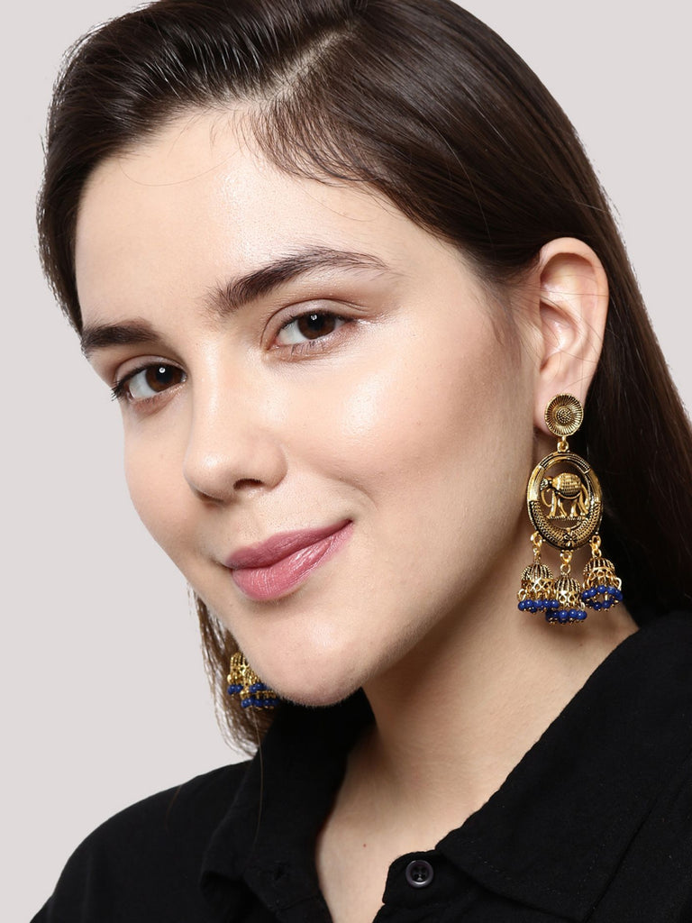 Women's Gold Plated & Blue Circular Drop Earrings