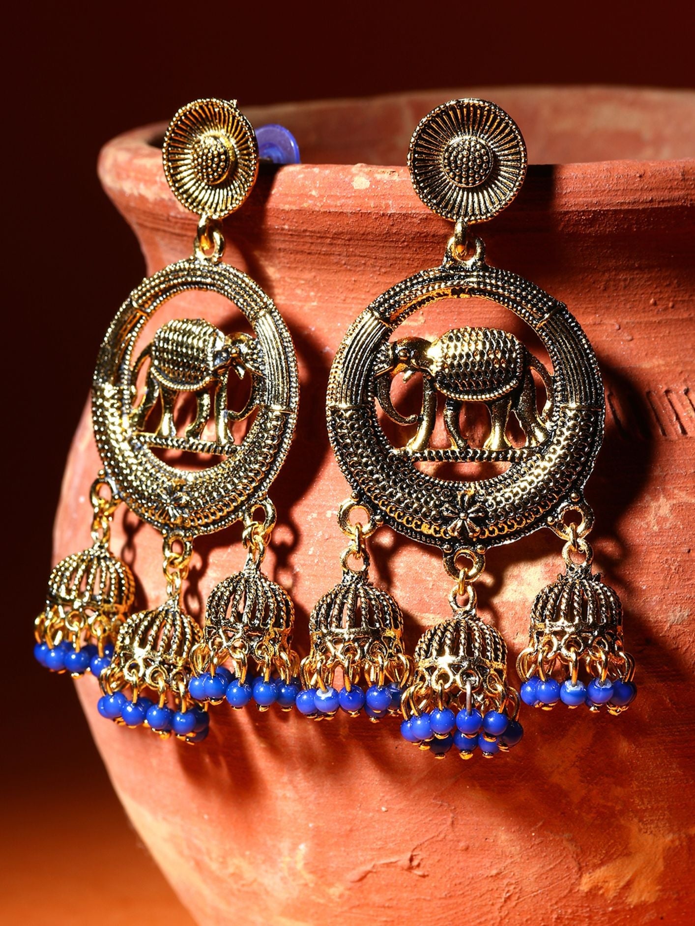 Women's Gold Plated & Blue Circular Drop Earrings