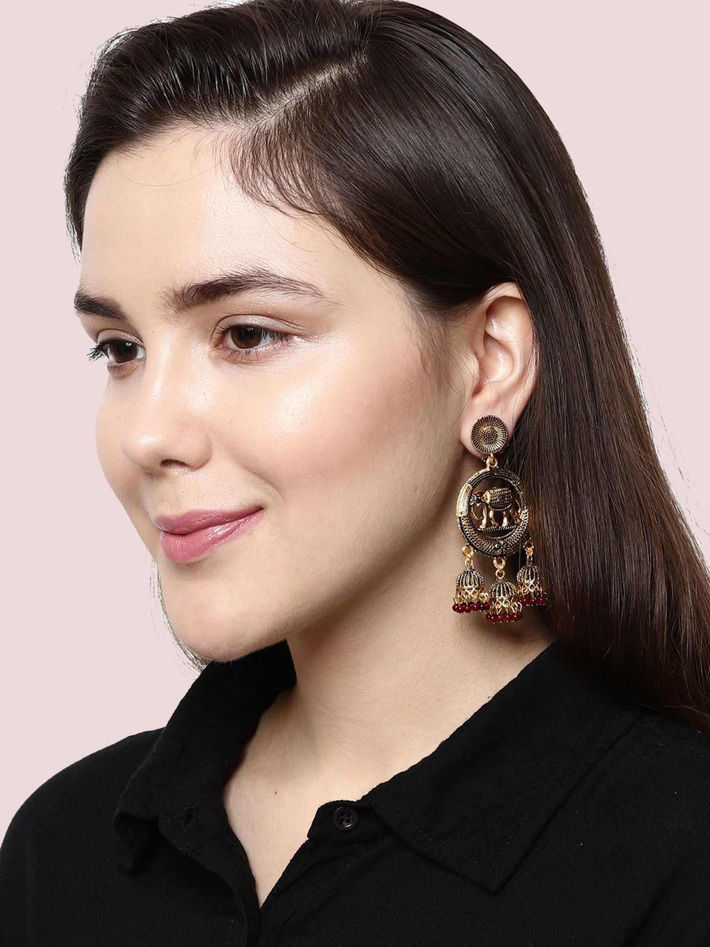 Women's Gold Plated & Maroon Enamelled Circular Shaped Drop Earrings
