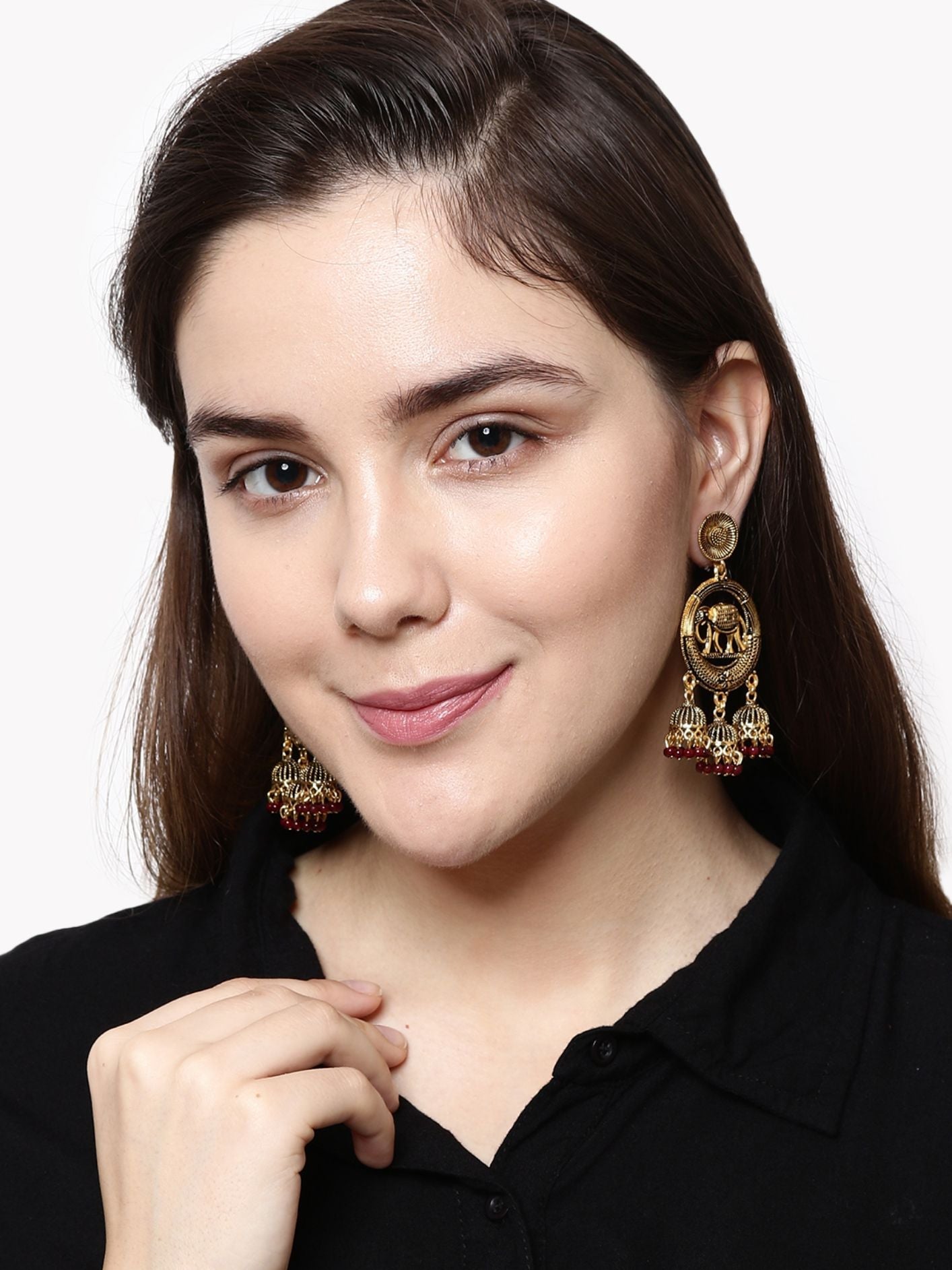 Women's Gold Plated & Maroon Enamelled Circular Shaped Drop Earrings
