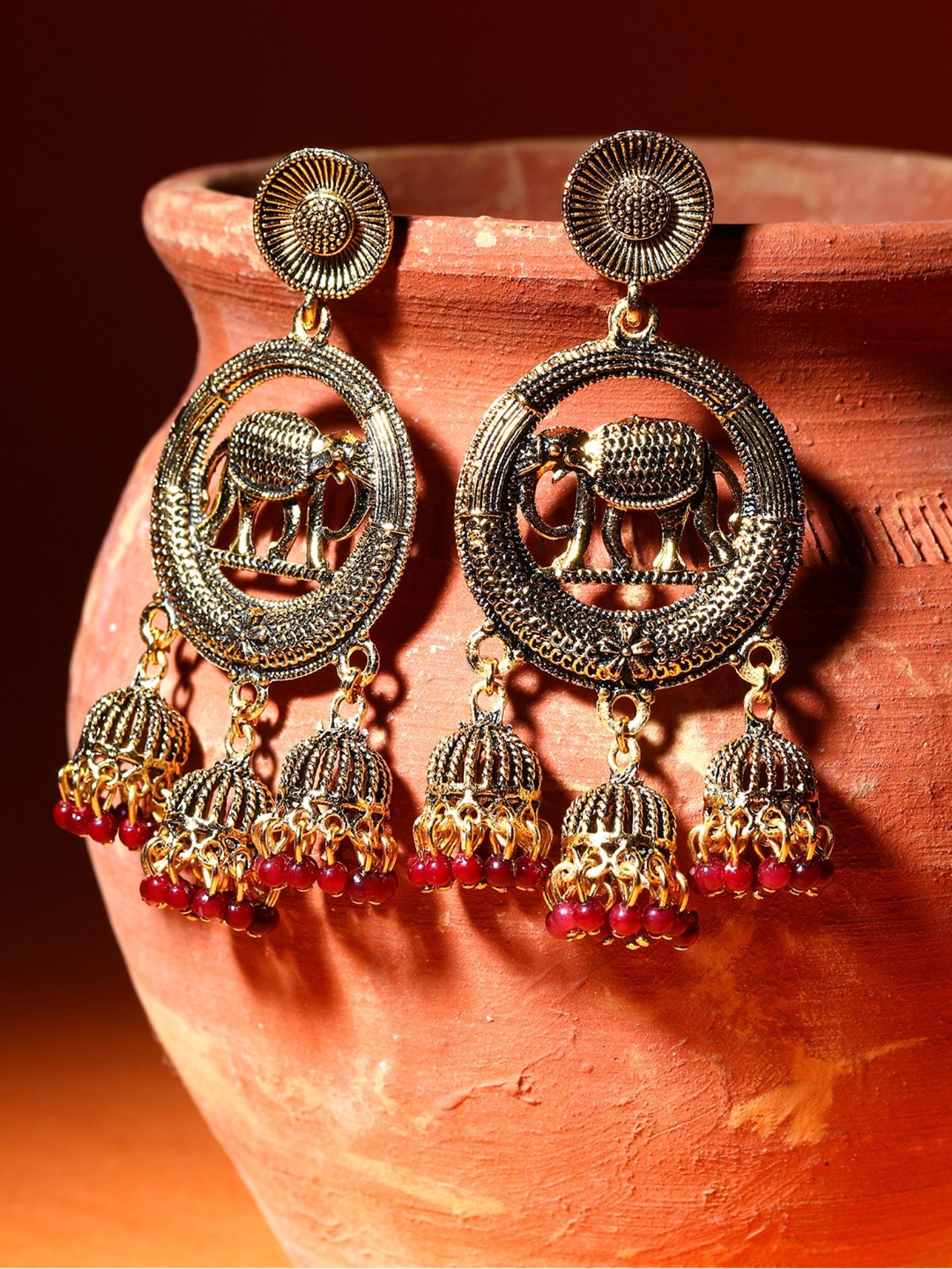 Women's Gold Plated & Maroon Enamelled Circular Shaped Drop Earrings