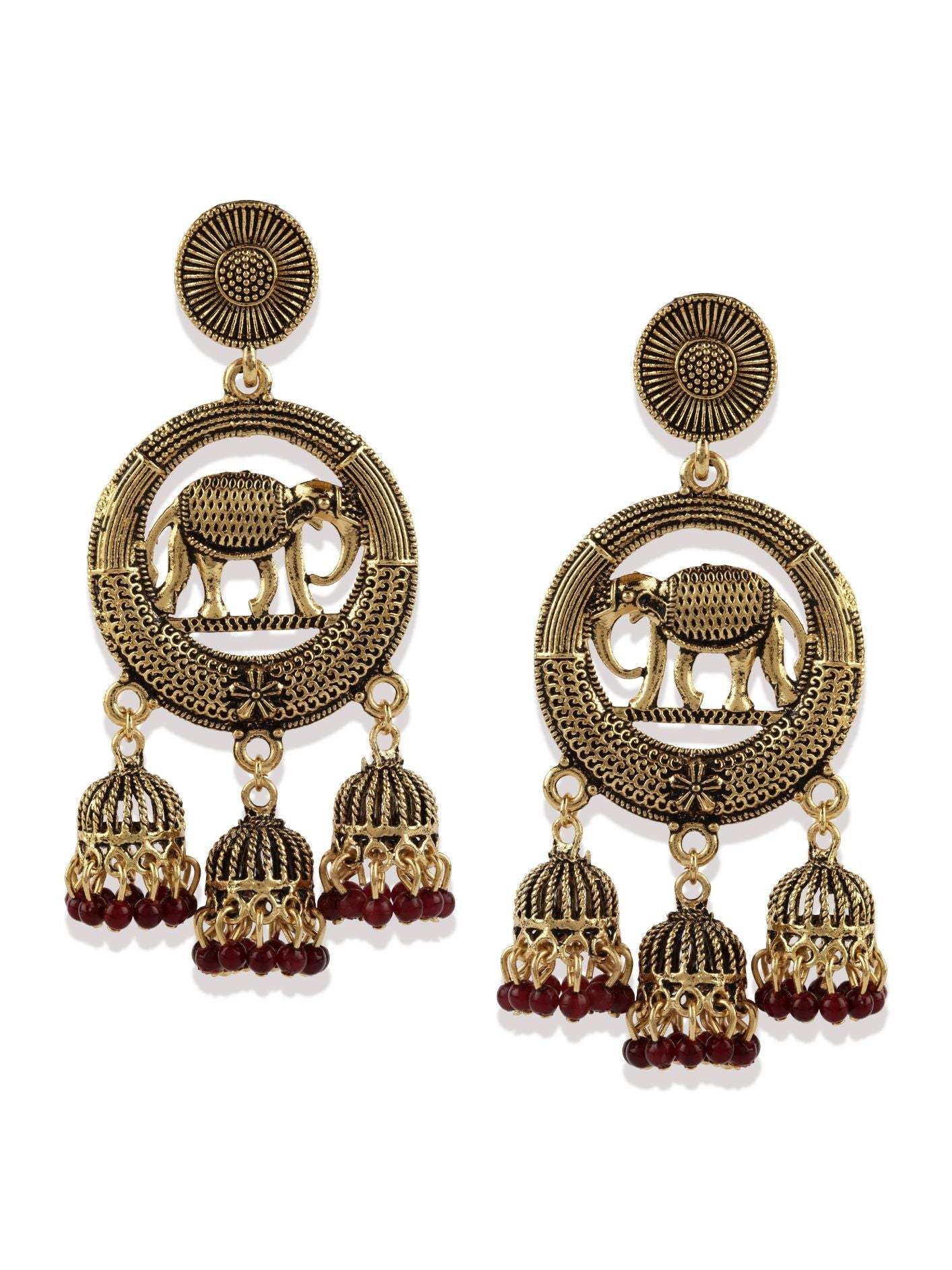 Women's Gold Plated & Maroon Enamelled Circular Shaped Drop Earrings