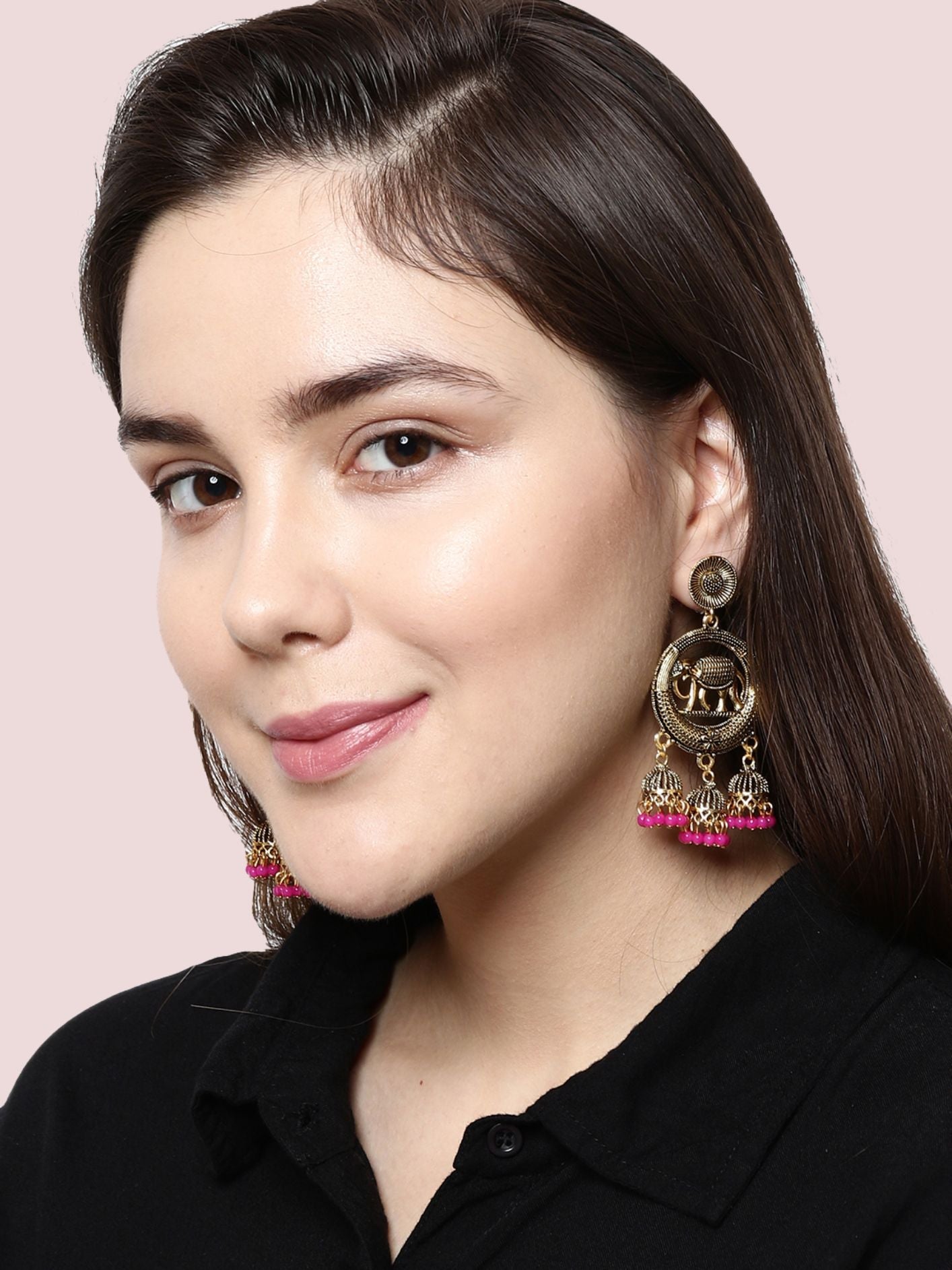 Women's Gold Plated & Pink Enamelled Circular Shaped Drop Earrings