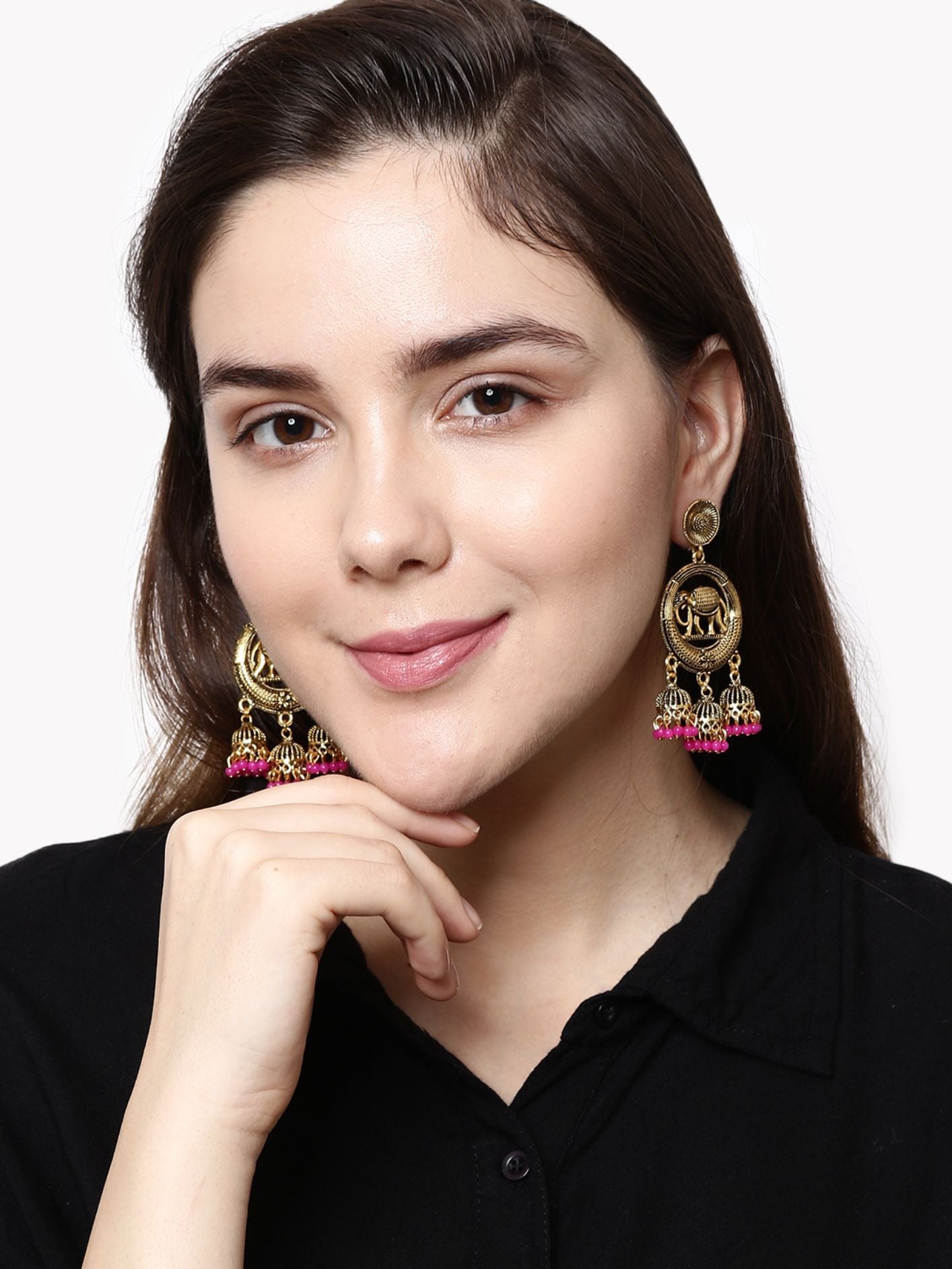 Women's Gold Plated & Pink Enamelled Circular Shaped Drop Earrings