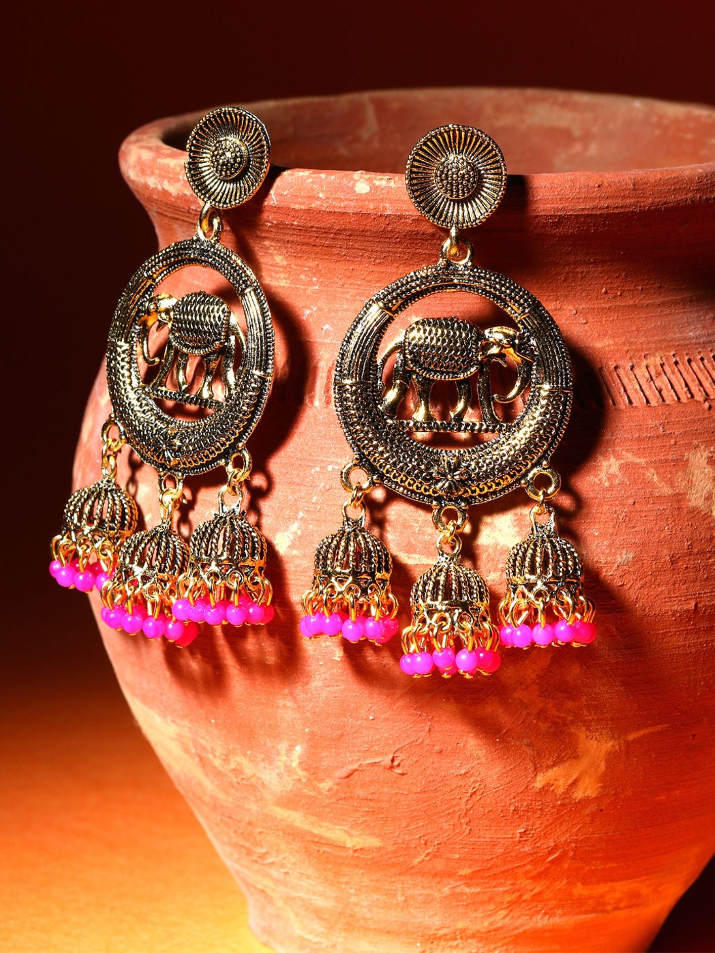 Women's Gold Plated & Pink Enamelled Circular Shaped Drop Earrings - Anikas Creation