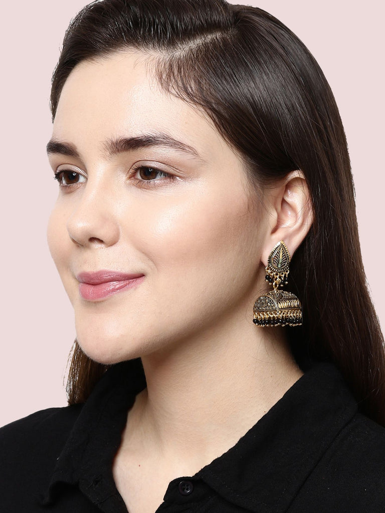 Women's Gold Plated & Black Enamelled Leaf Shaped Jhumkas