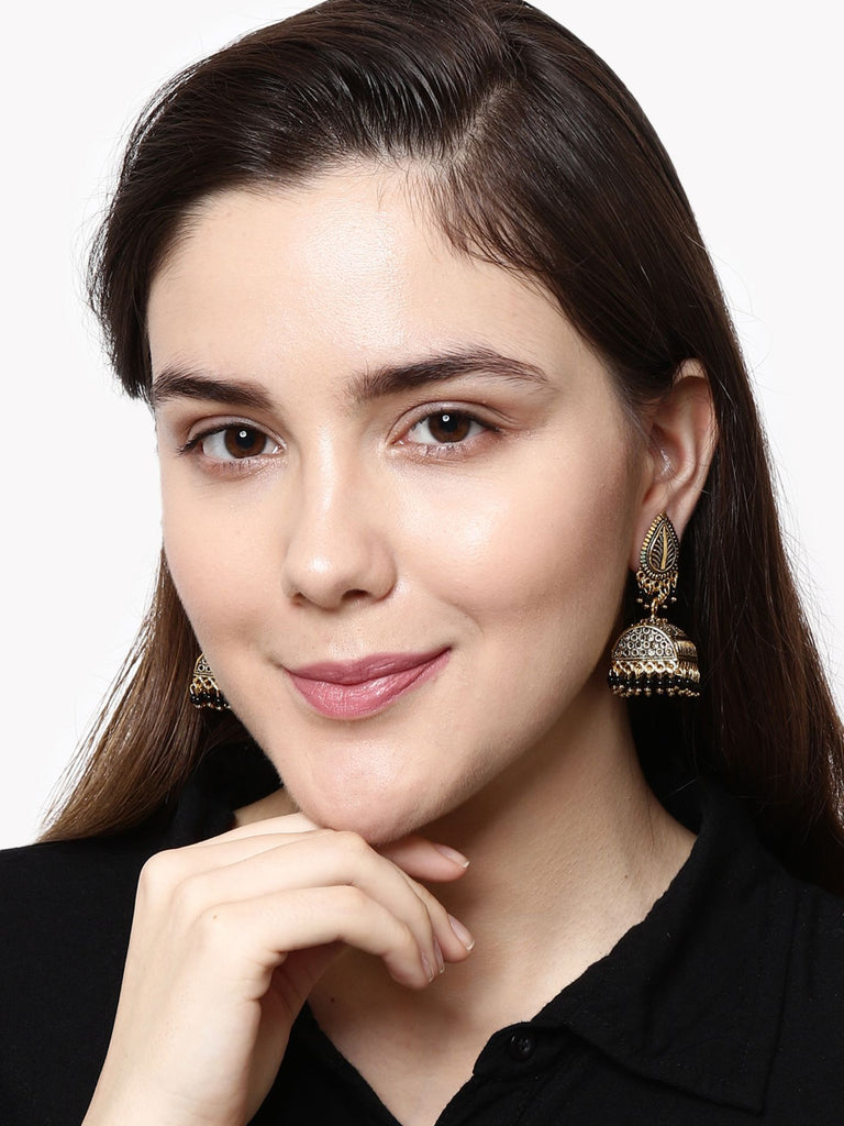 Women's Gold Plated & Black Enamelled Leaf Shaped Jhumkas