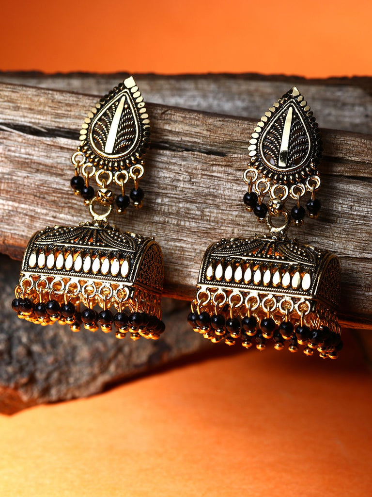 Women's Gold Plated & Black Enamelled Leaf Shaped Jhumkas