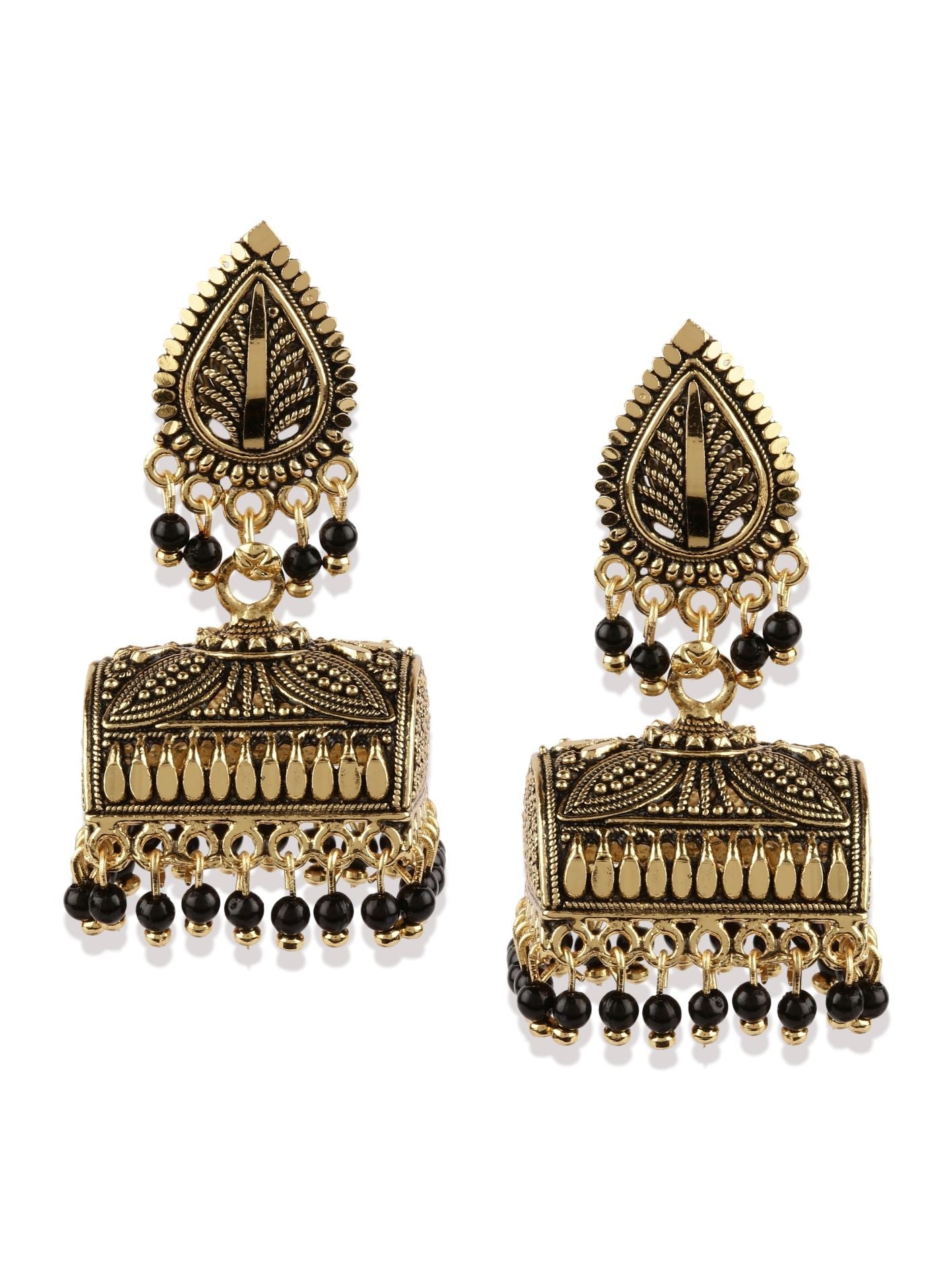 Women's Gold Plated & Black Enamelled Leaf Shaped Jhumkas