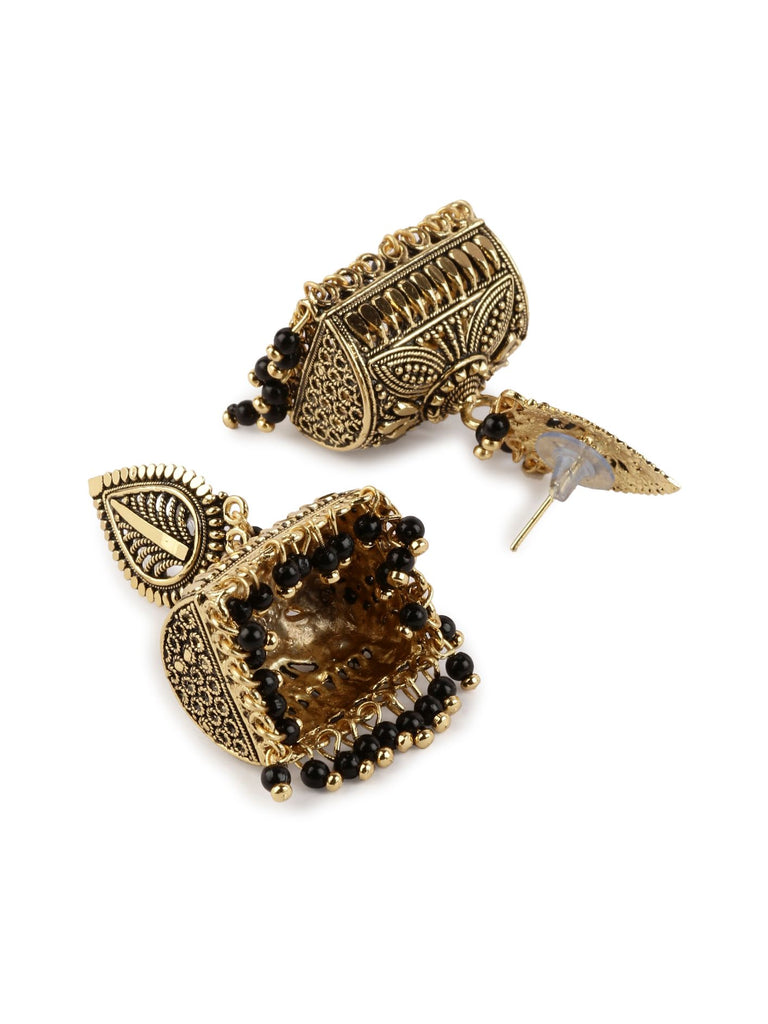 Women's Gold Plated & Black Enamelled Leaf Shaped Jhumkas