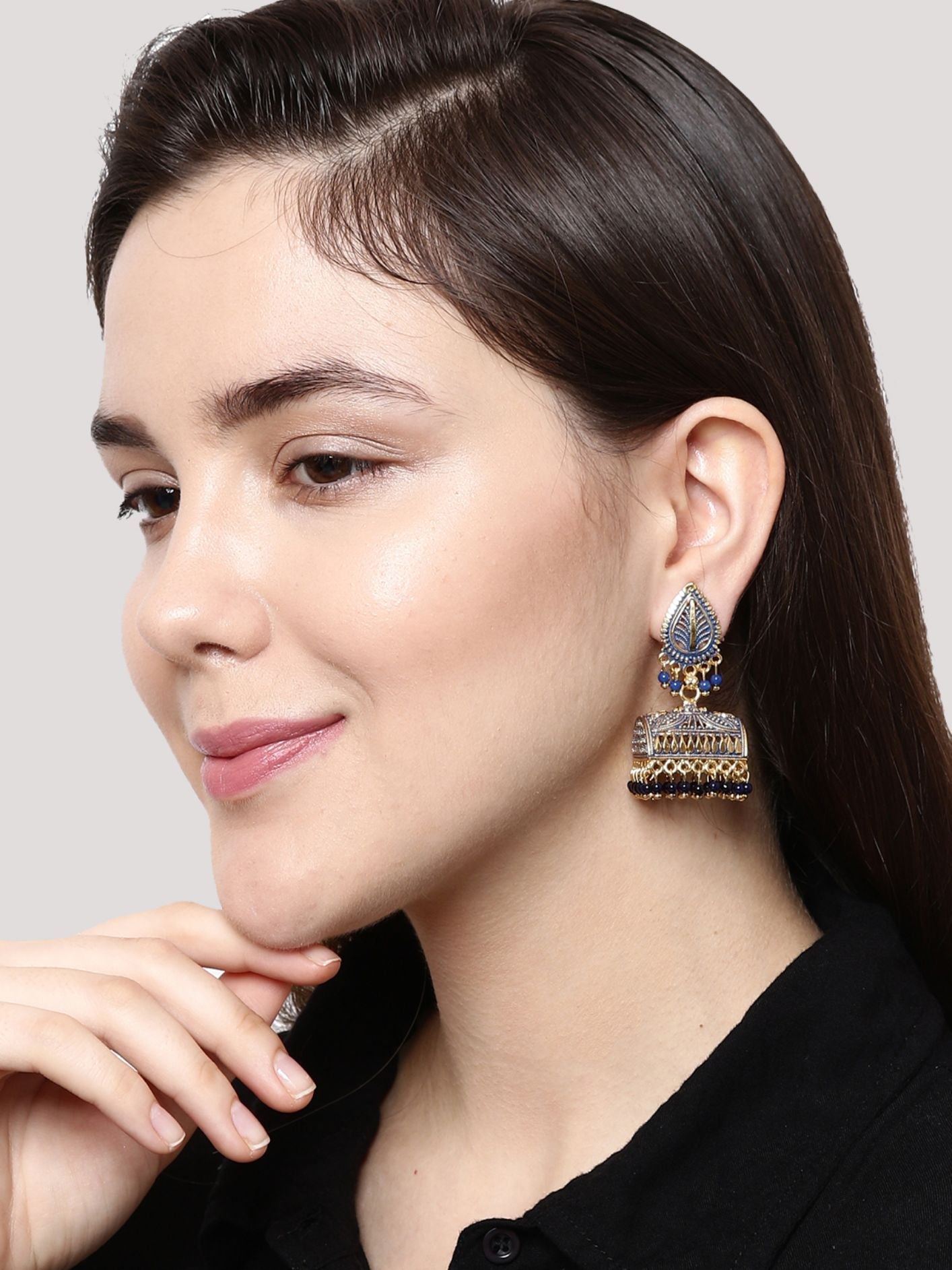 Women's Gold Plated & Blue Enamelled Leaf Shaped Jhumkas