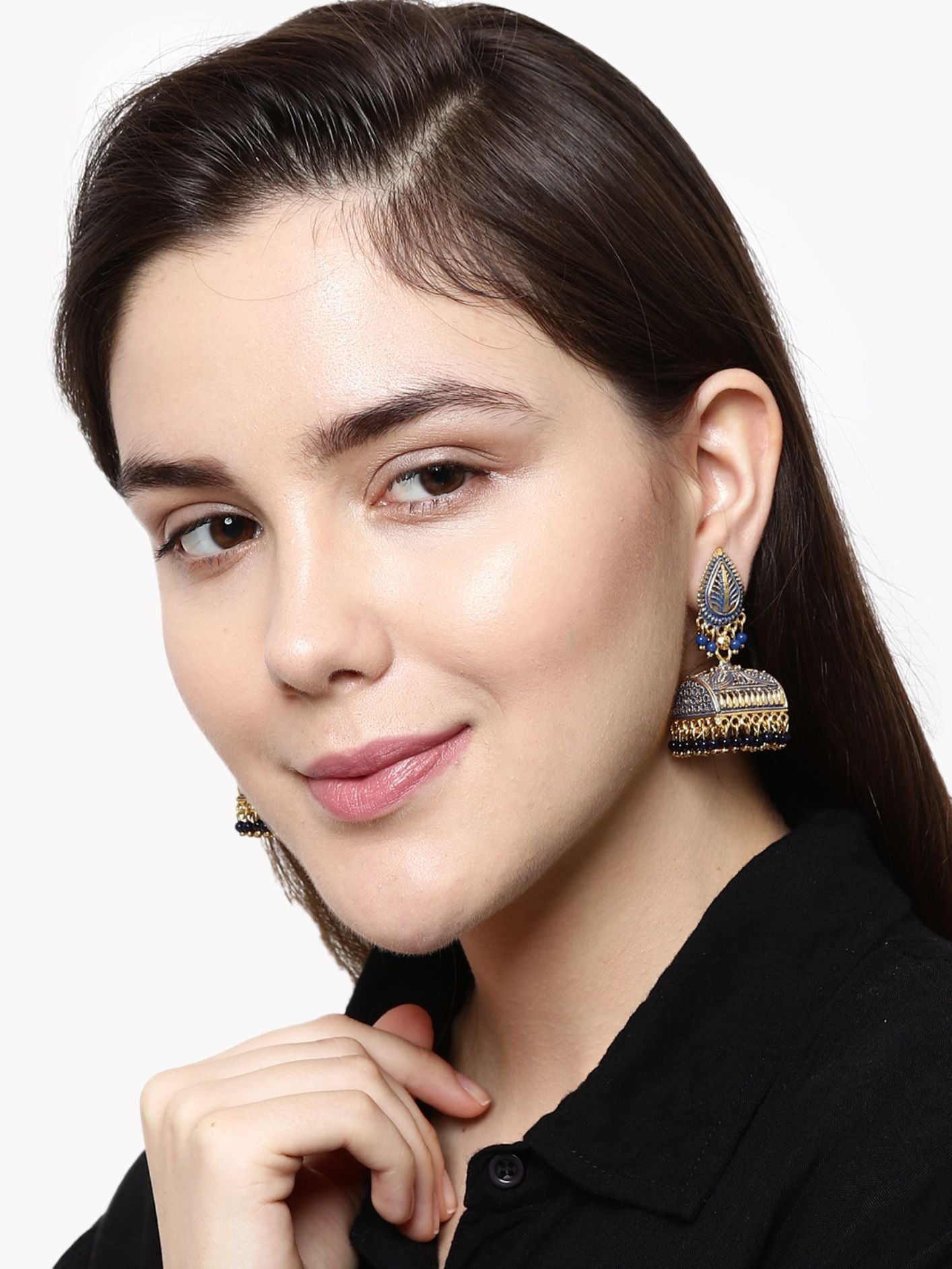 Women's Gold Plated & Blue Enamelled Leaf Shaped Jhumkas