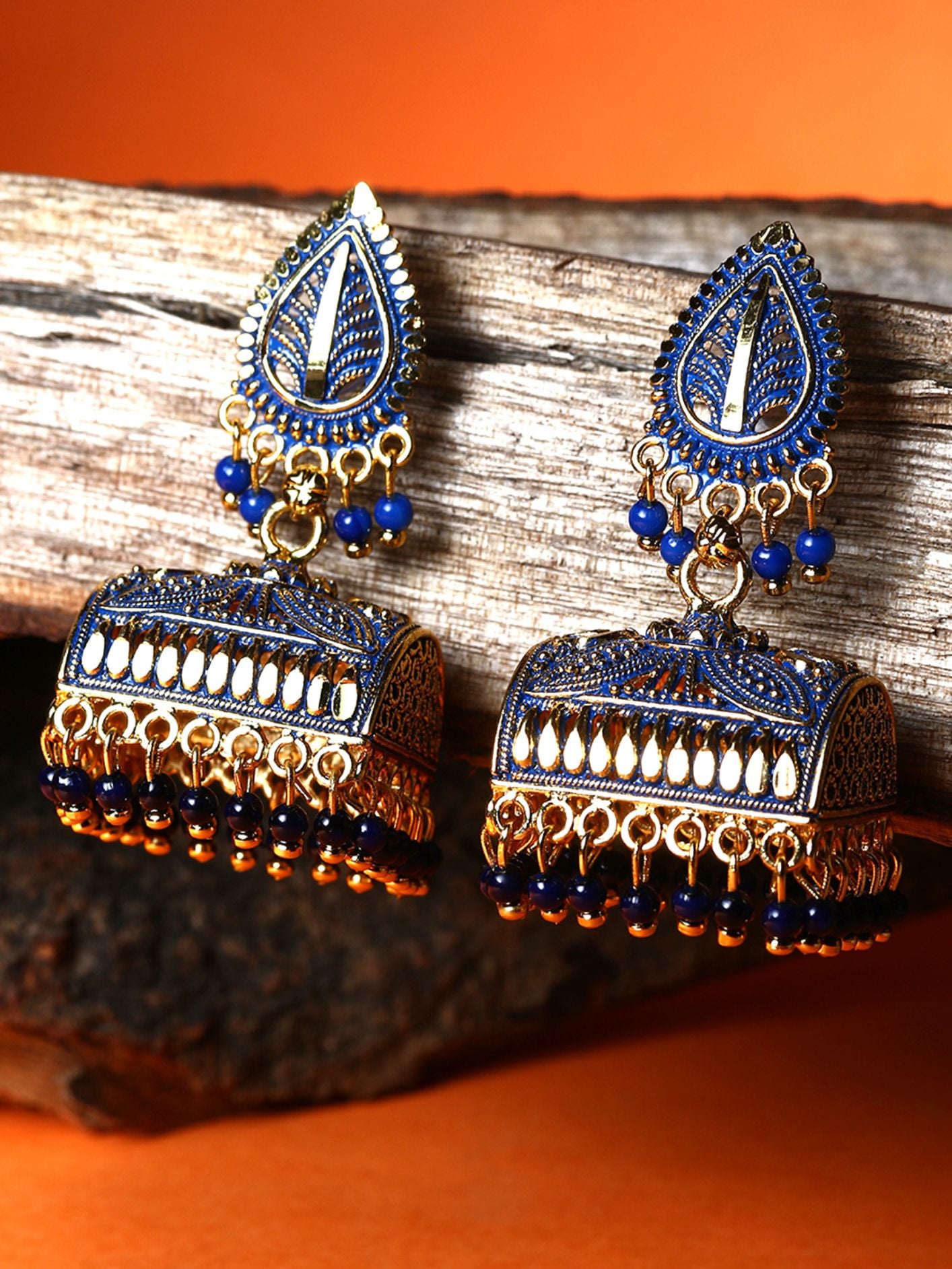 Women's Gold Plated & Blue Enamelled Leaf Shaped Jhumkas - Anikas Creation