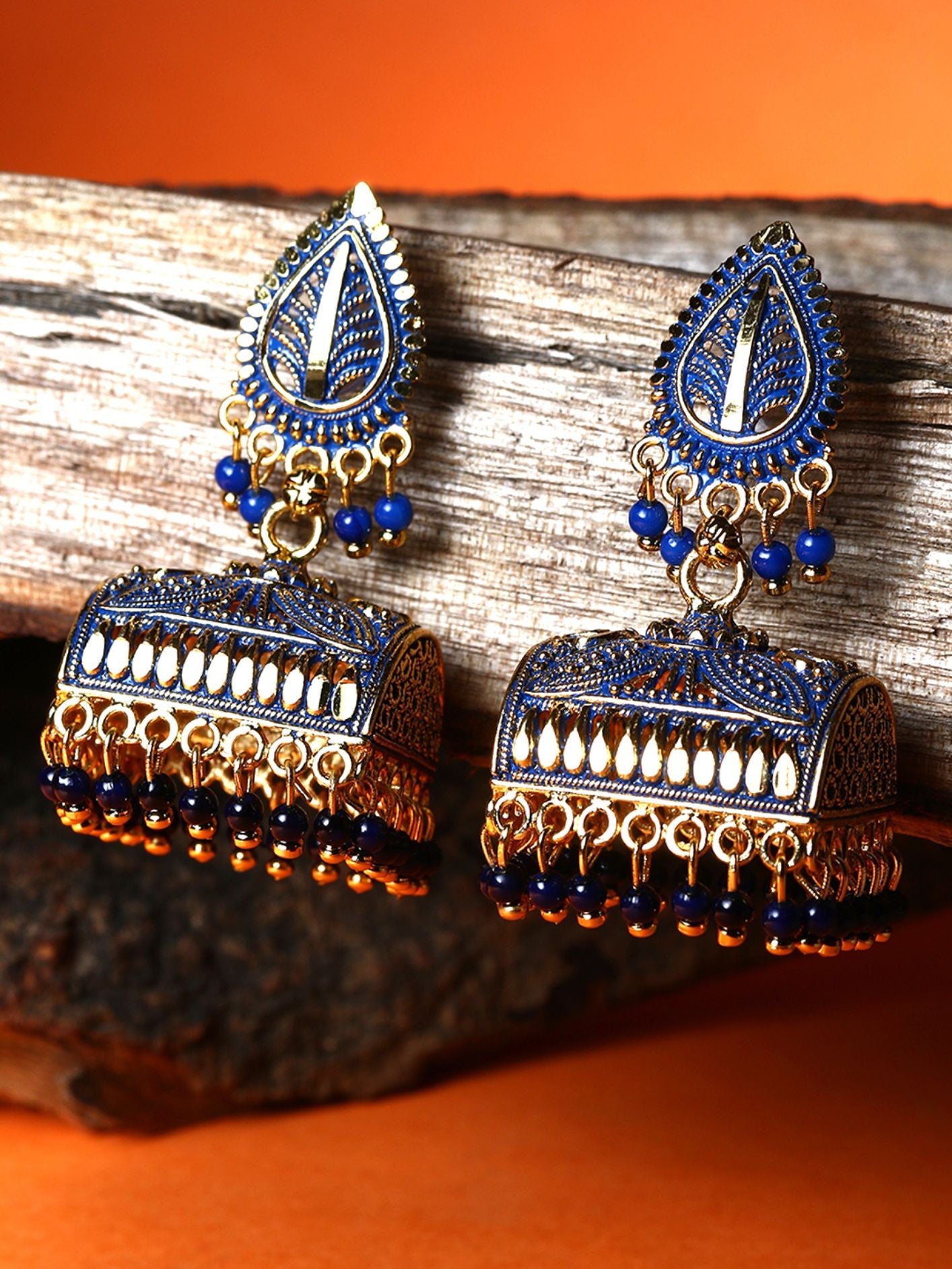 Women's Gold Plated & Blue Enamelled Leaf Shaped Jhumkas