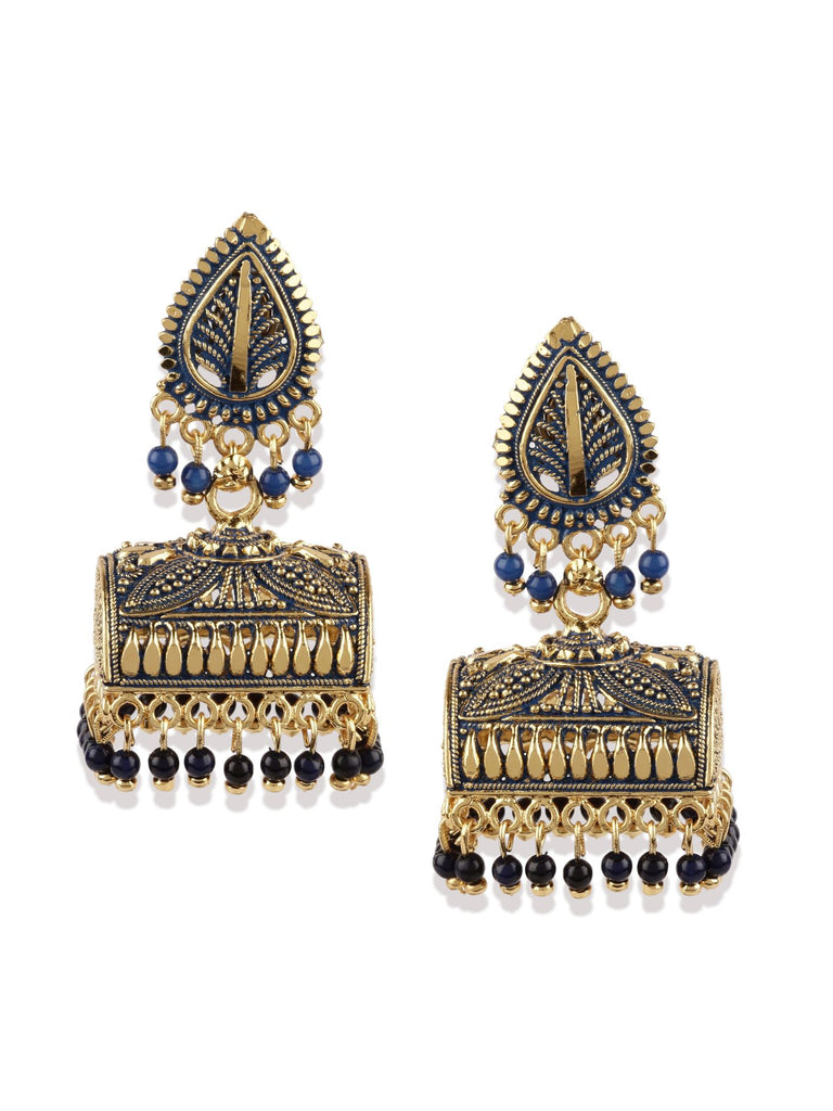 Women's Gold Plated & Blue Enamelled Leaf Shaped Jhumkas