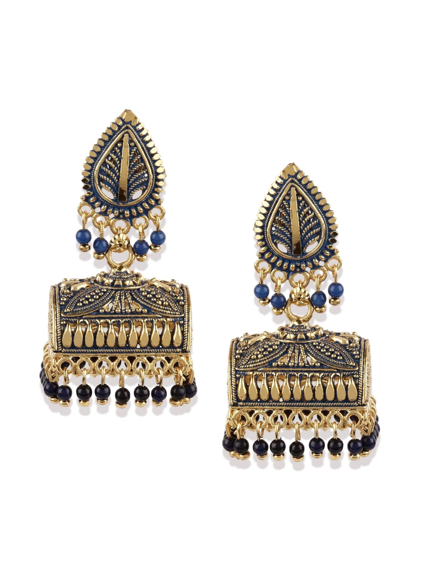 Women's Gold Plated & Blue Enamelled Leaf Shaped Jhumkas