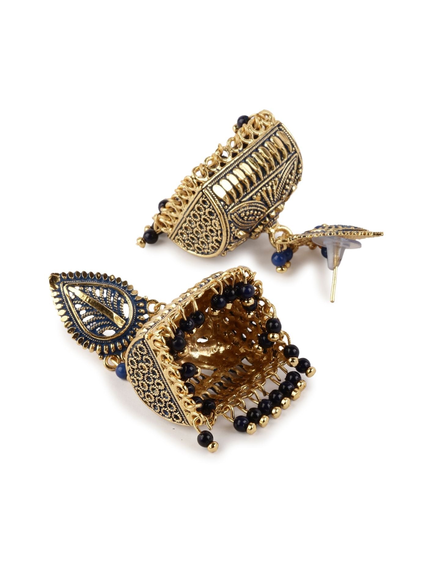 Women's Gold Plated & Blue Enamelled Leaf Shaped Jhumkas