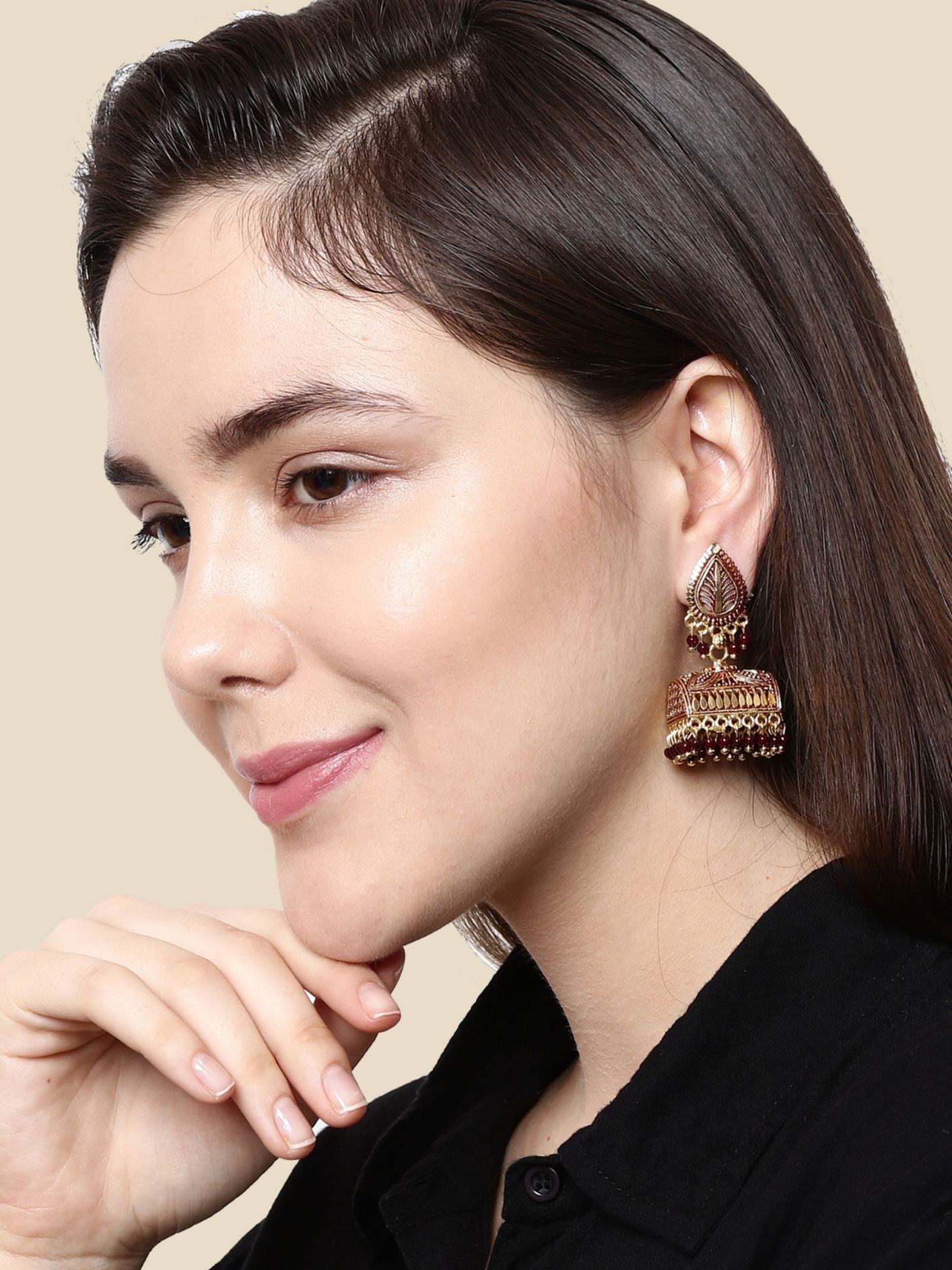 Women's Gold Plated & Maroon Leaf Shaped Enamelled Jhumkas