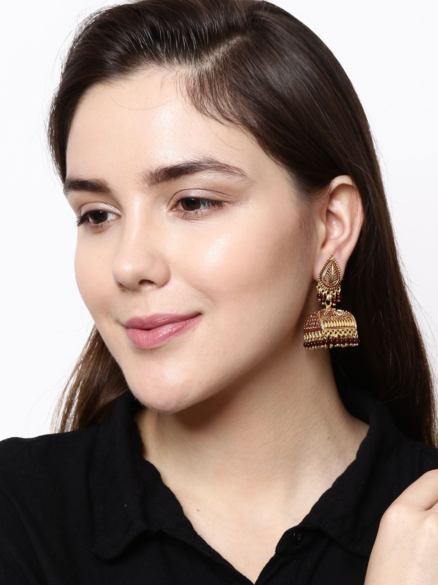 Women's Gold Plated & Maroon Leaf Shaped Enamelled Jhumkas