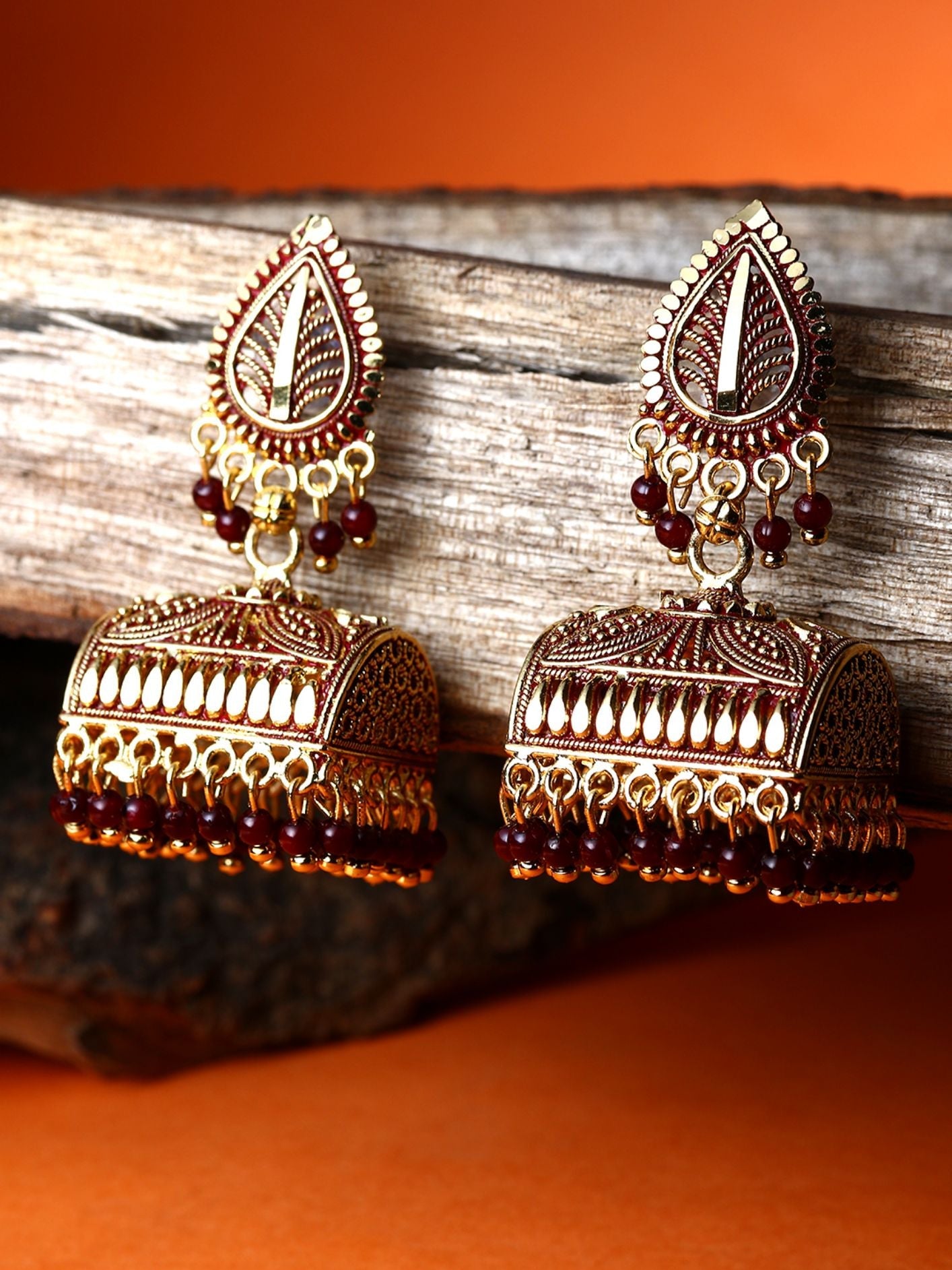 Women's Gold Plated & Maroon Leaf Shaped Enamelled Jhumkas