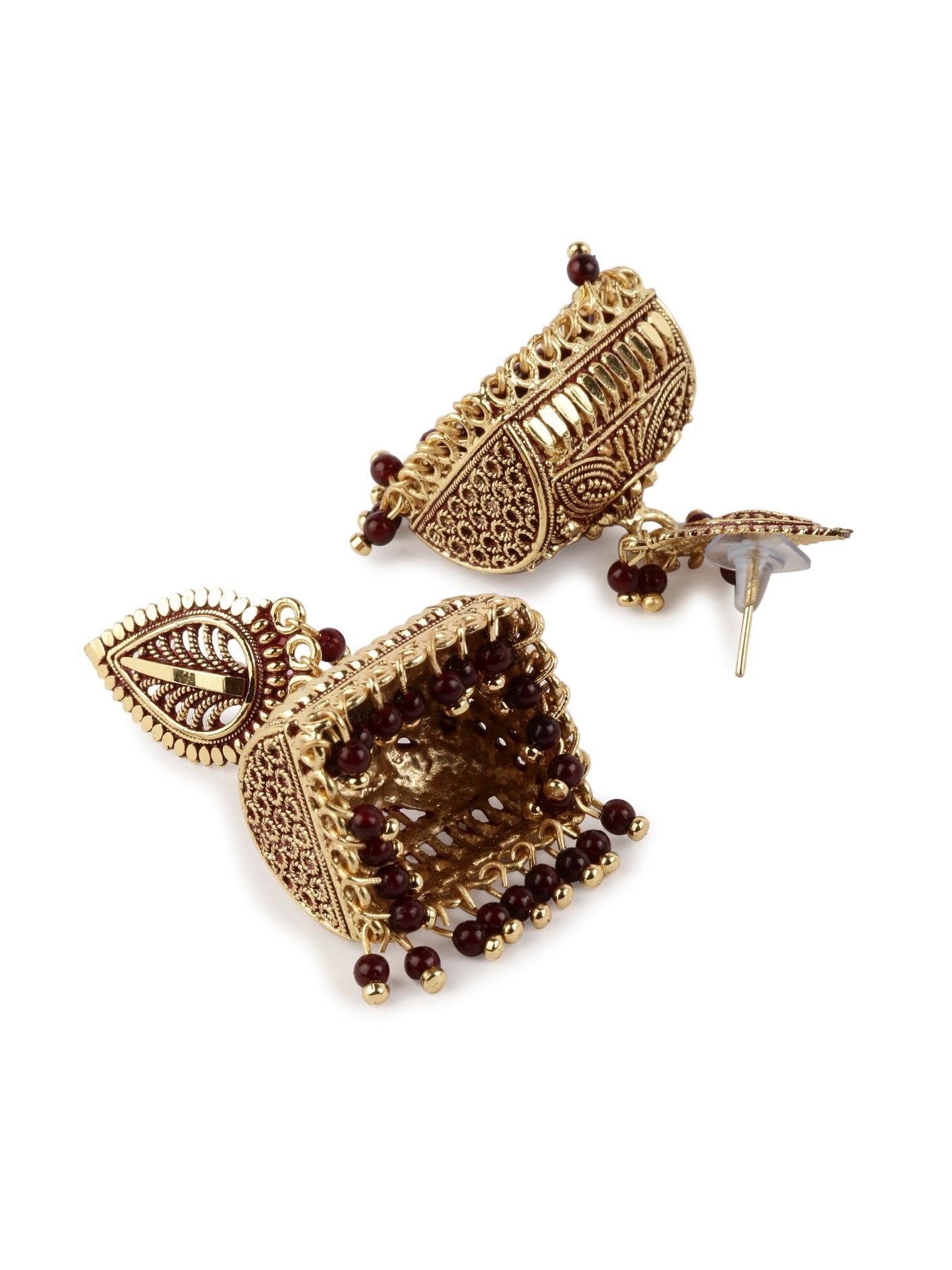 Women's Gold Plated & Maroon Leaf Shaped Enamelled Jhumkas