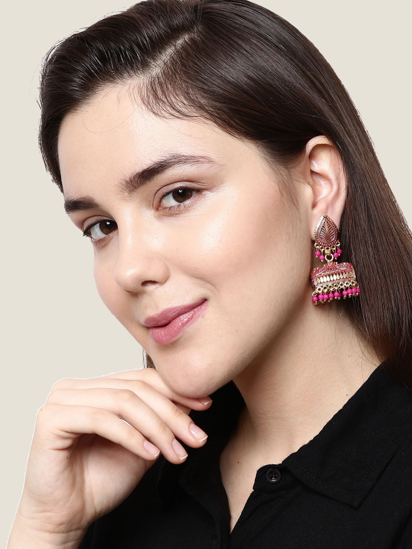 Women's Gold Plated & Pink Leaf Shaped Enamelled Jhumkas