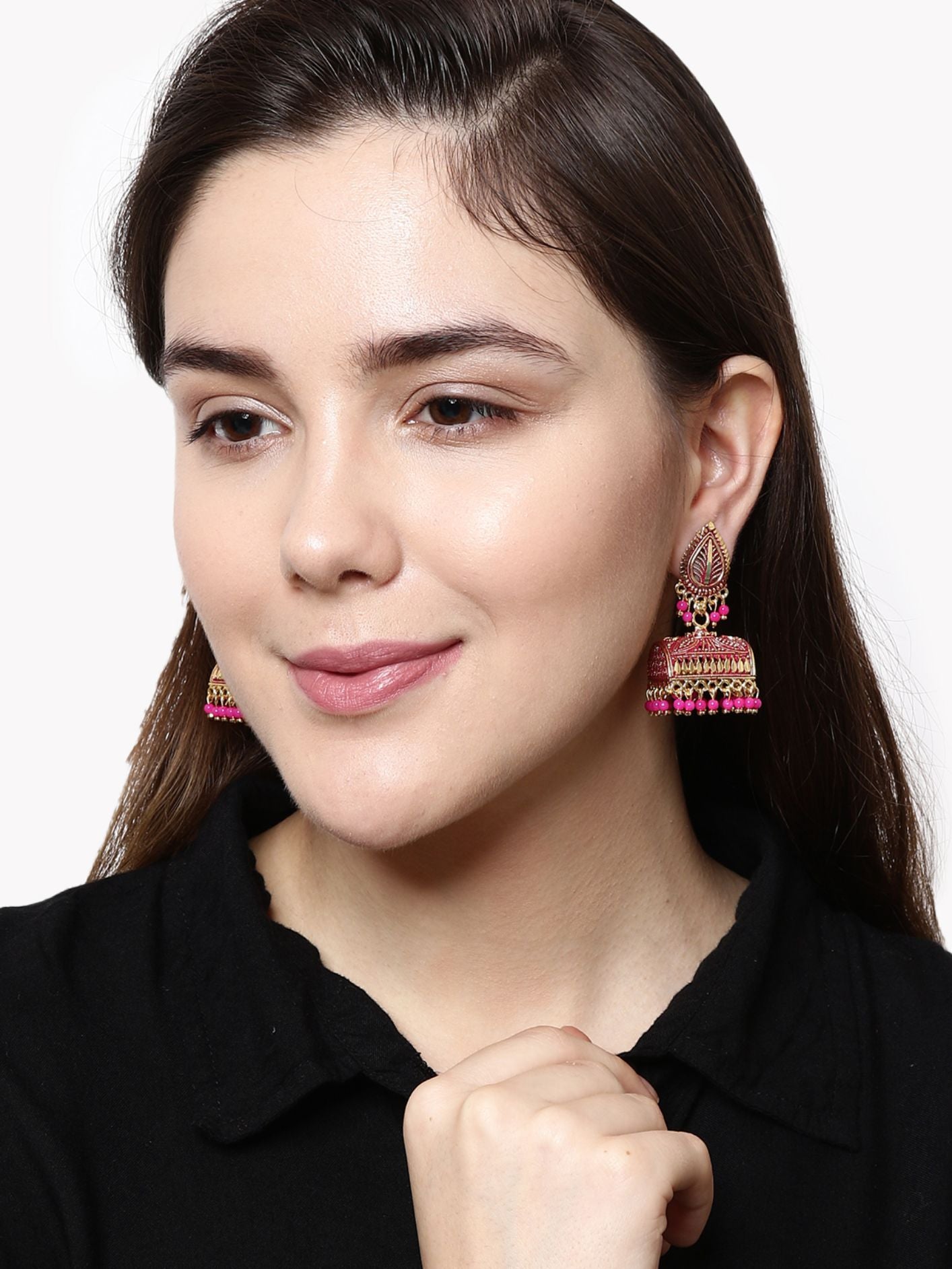 Women's Gold Plated & Pink Leaf Shaped Enamelled Jhumkas
