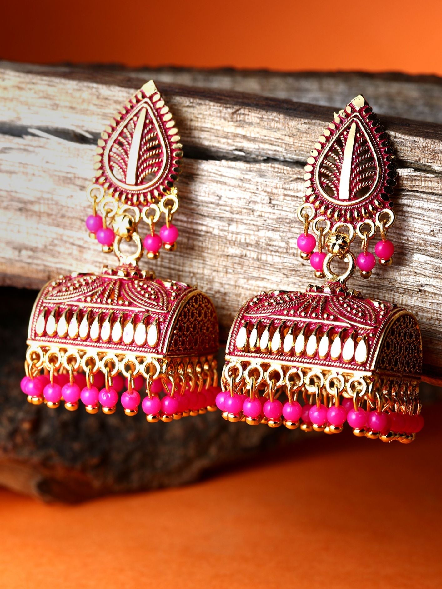Women's Gold Plated & Pink Leaf Shaped Enamelled Jhumkas