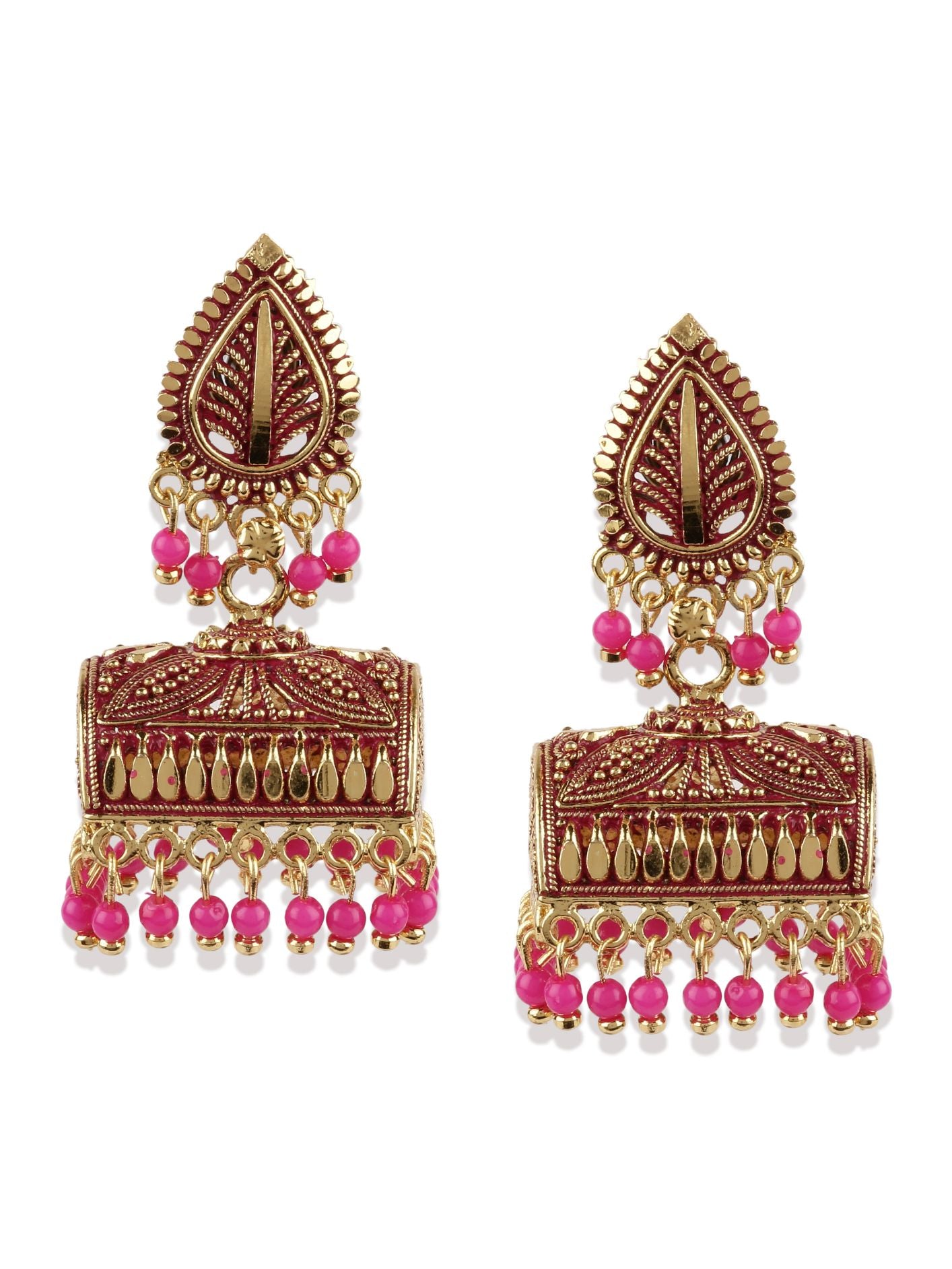 Women's Gold Plated & Pink Leaf Shaped Enamelled Jhumkas - Anikas Creation