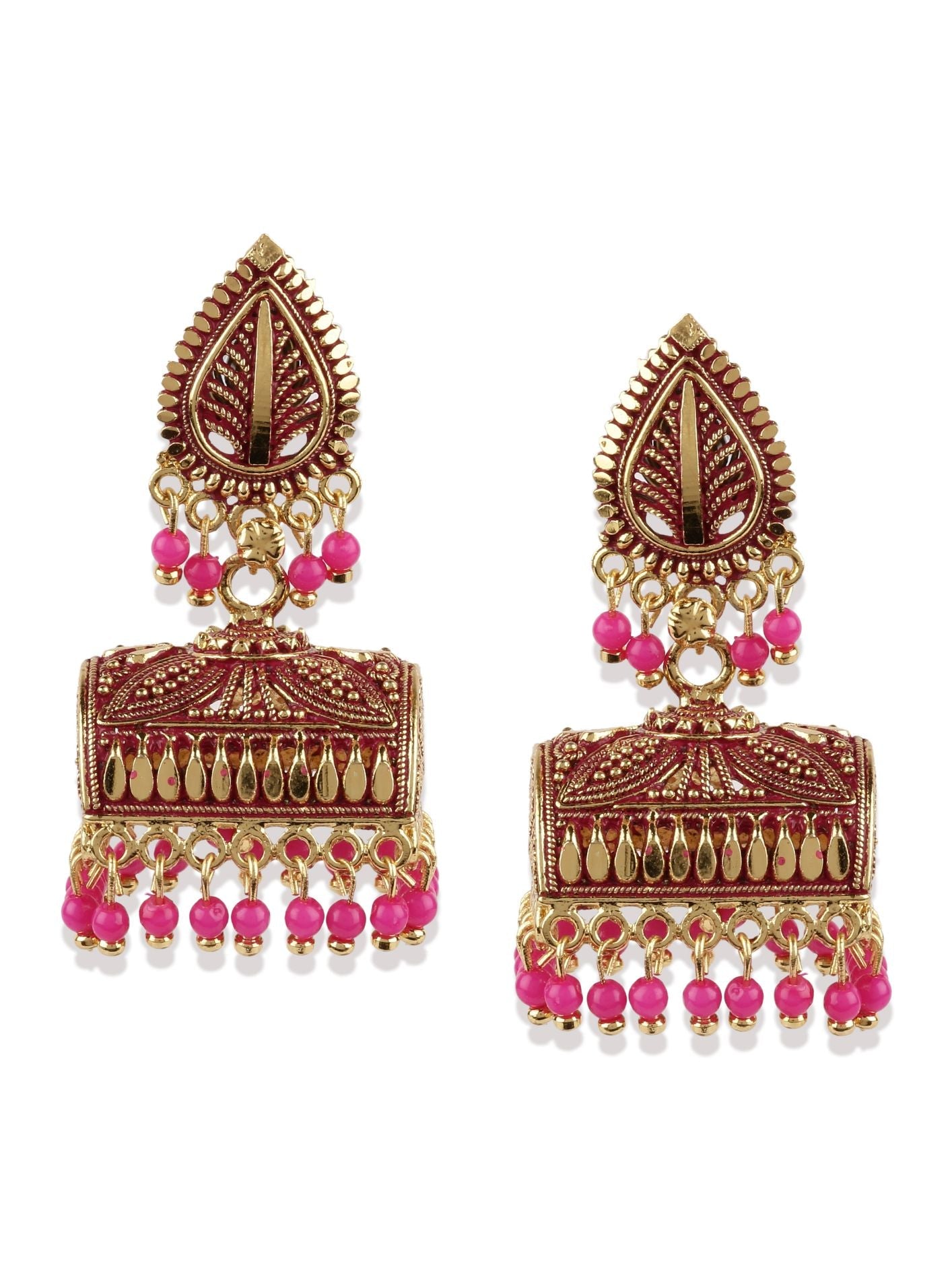 Women's Gold Plated & Pink Leaf Shaped Enamelled Jhumkas