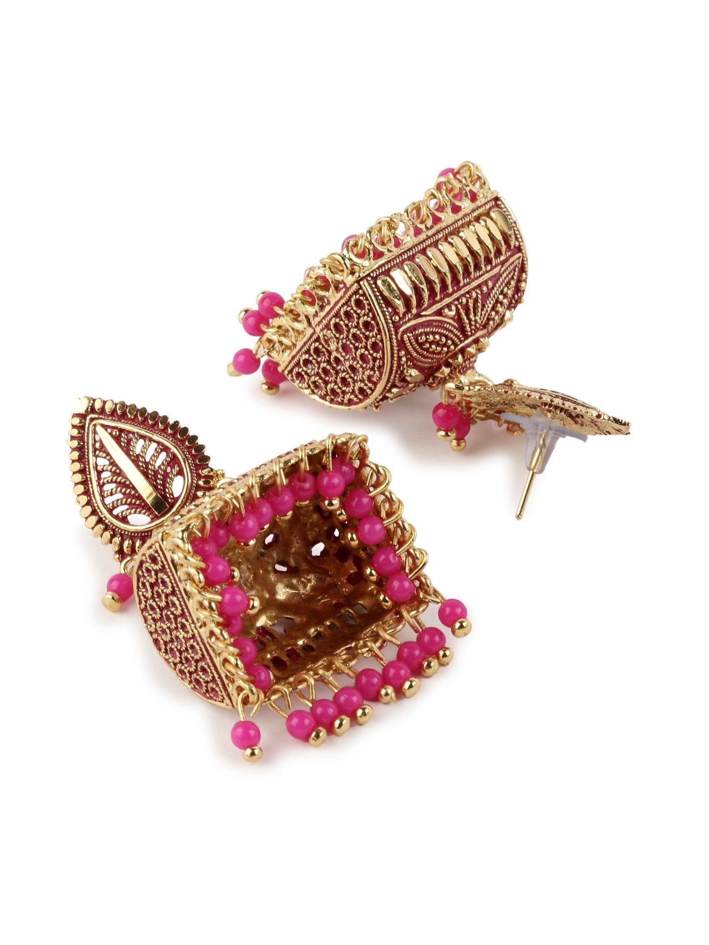 Women's Gold Plated & Pink Leaf Shaped Enamelled Jhumkas