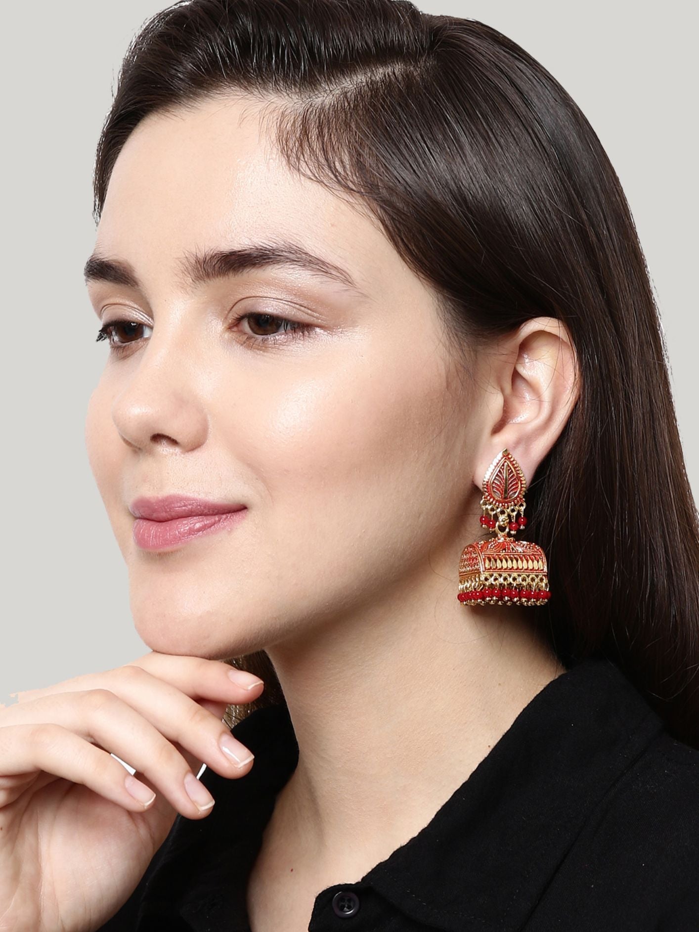 Women's Gold Plated Red Leaf Shaped Enamelled Jhumkas