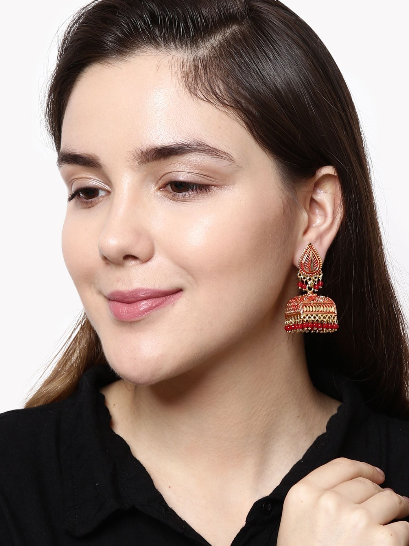 Women's Gold Plated Red Leaf Shaped Enamelled Jhumkas