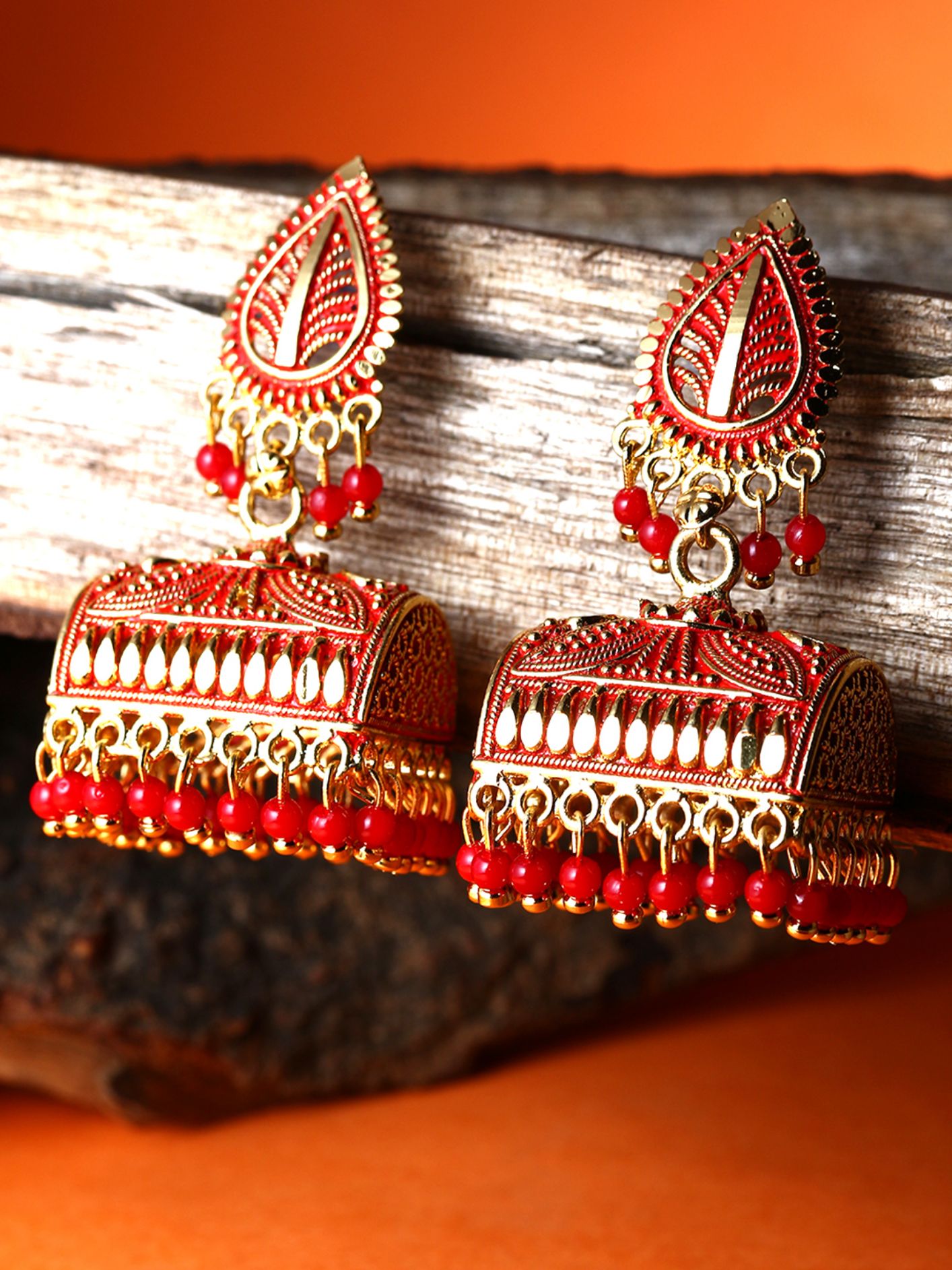 Women's Gold Plated Red Leaf Shaped Enamelled Jhumkas