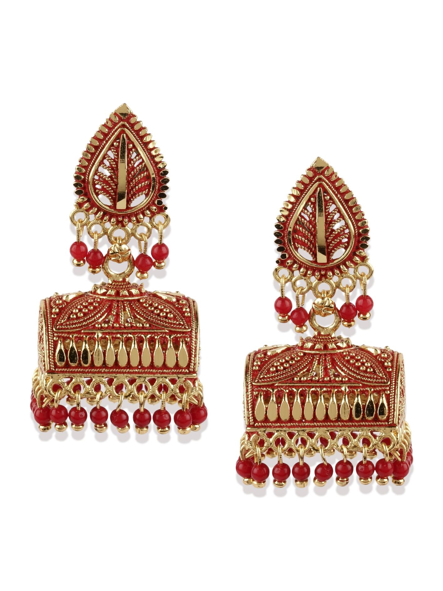 Women's Gold Plated Red Leaf Shaped Enamelled Jhumkas - Anikas Creation