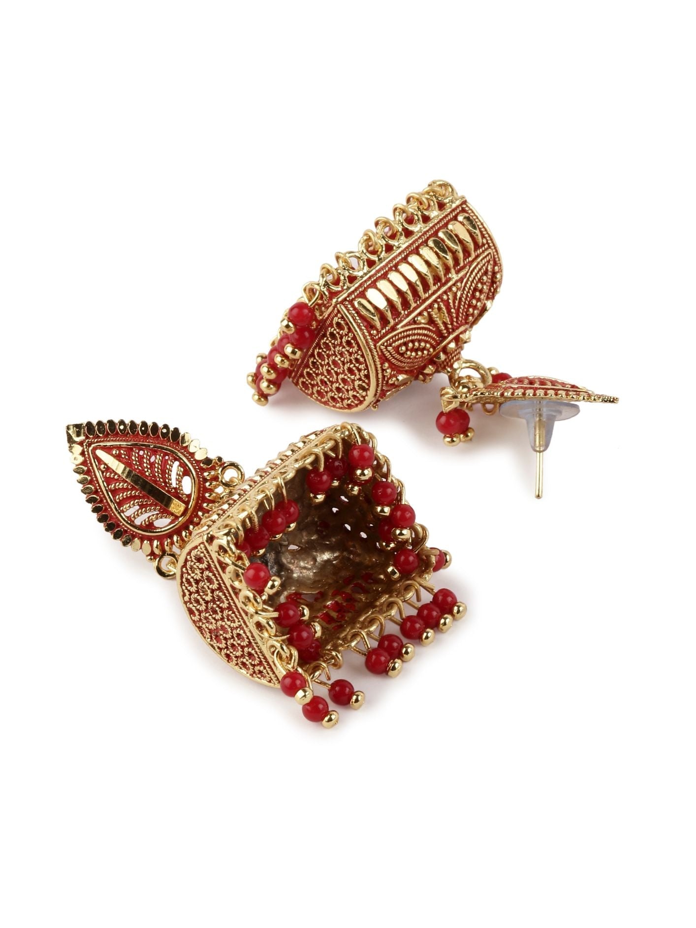 Women's Gold Plated Red Leaf Shaped Enamelled Jhumkas