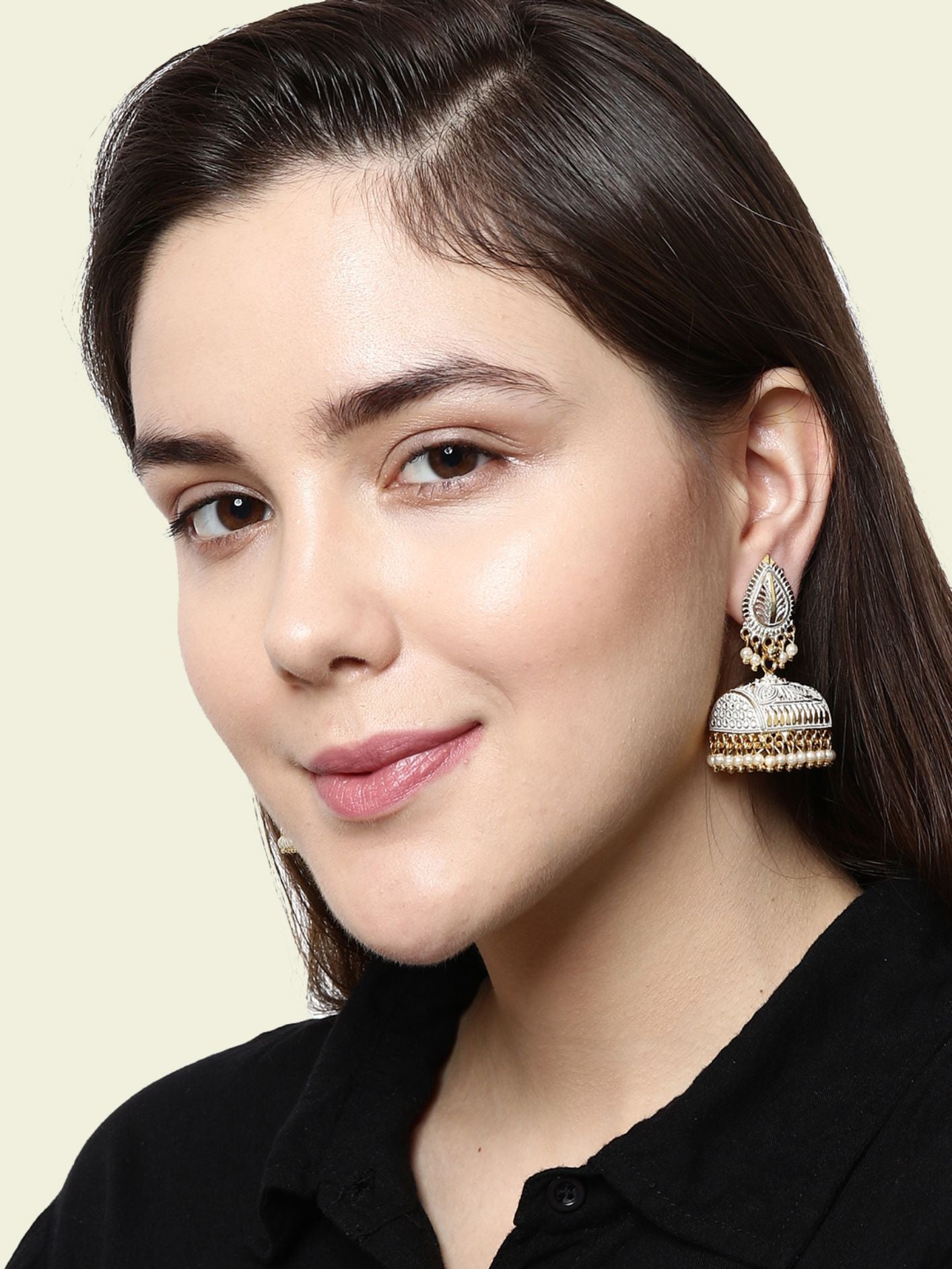 Women's Gold Plated White Leaf Shaped Enamelled Jhumkas