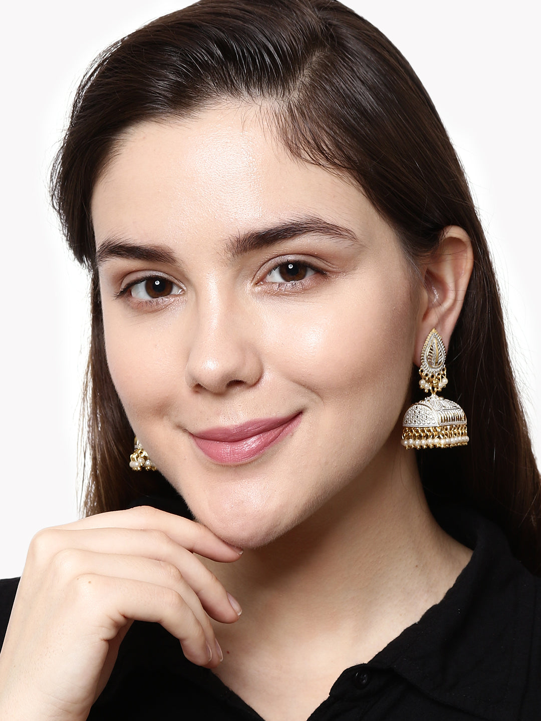 Women's Gold Plated White Leaf Shaped Enamelled Jhumkas