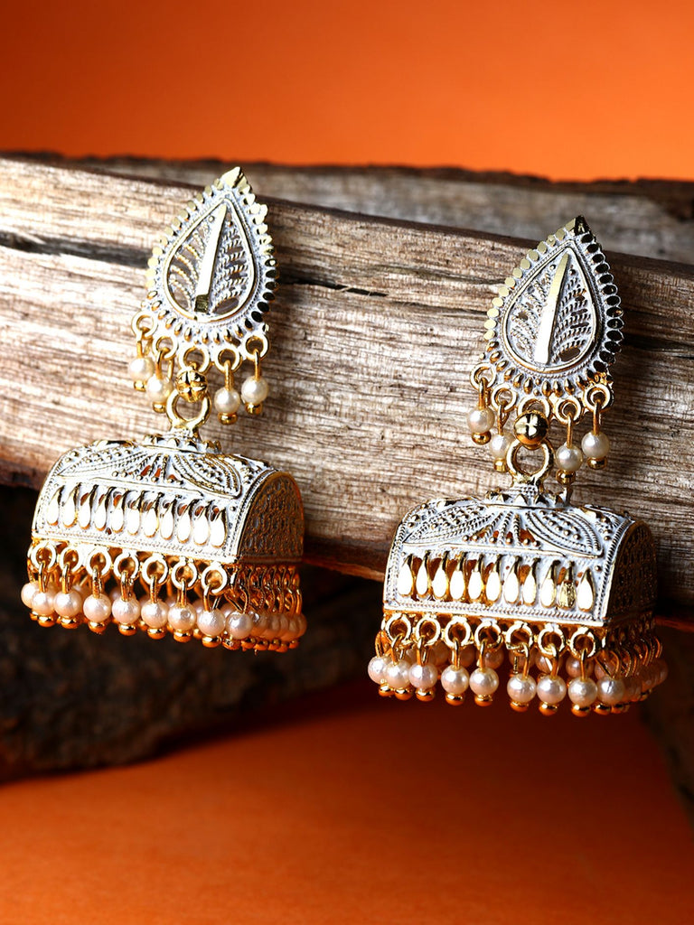 Women's Gold Plated White Leaf Shaped Enamelled Jhumkas