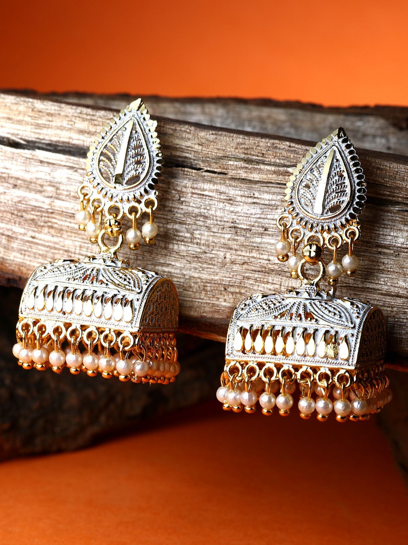 Women's Gold Plated White Leaf Shaped Enamelled Jhumkas
