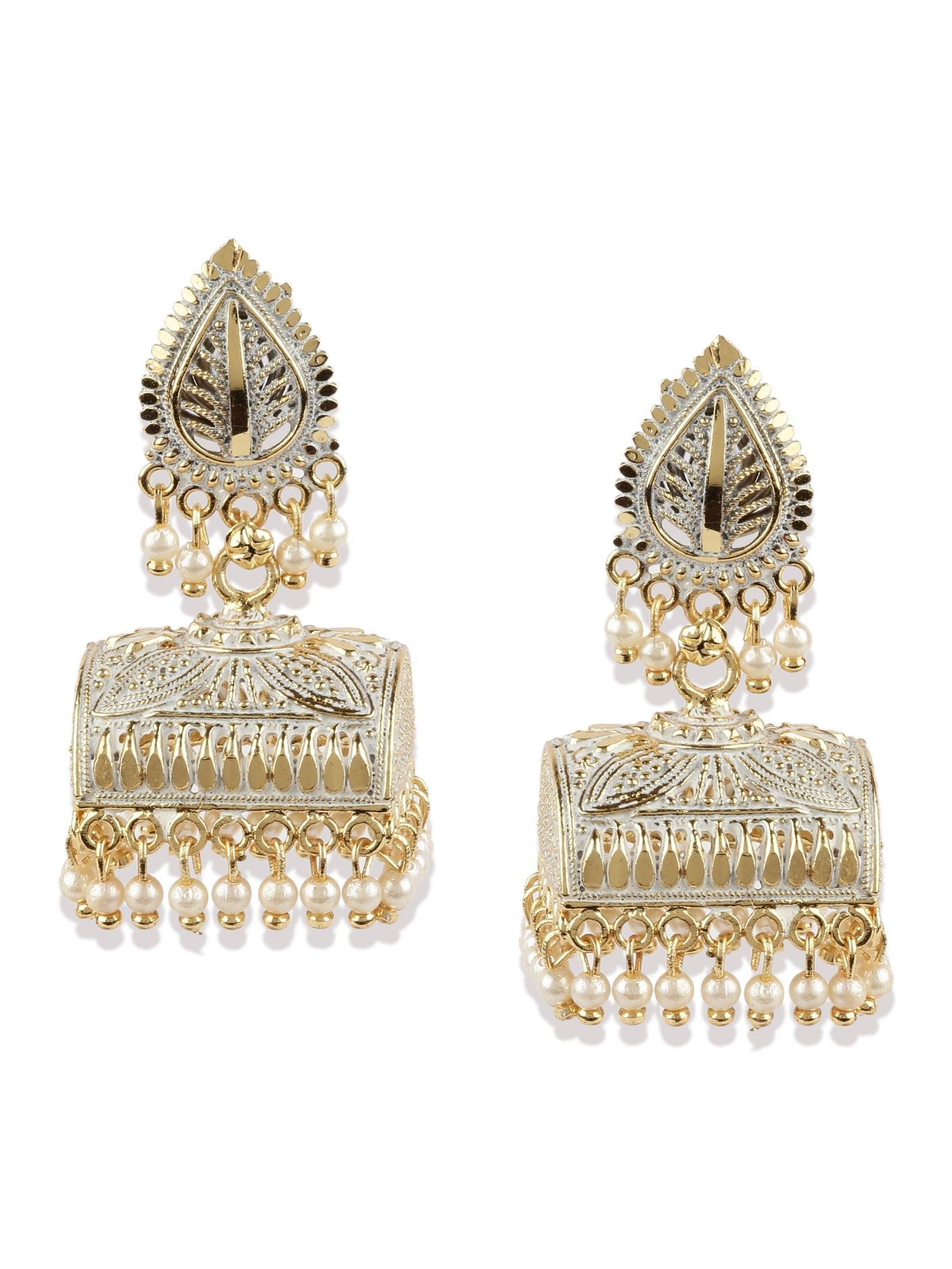 Women's Gold Plated White Leaf Shaped Enamelled Jhumkas