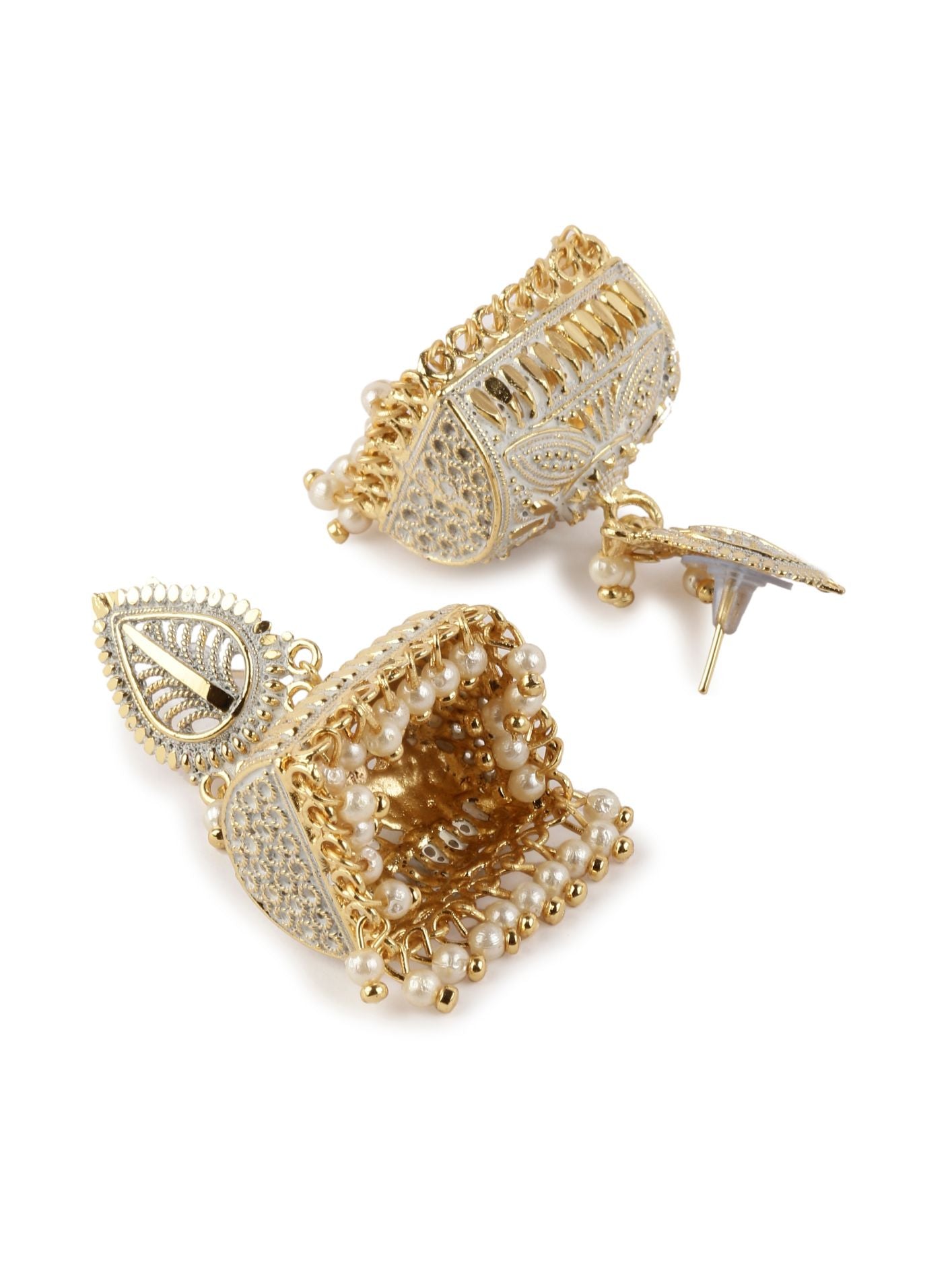Women's Gold Plated White Leaf Shaped Enamelled Jhumkas