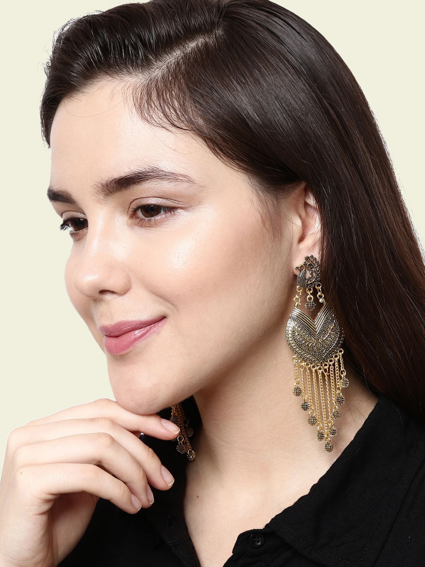 Women's Black & Gold-Plated Enamelled Peacock Shaped Drop Earrings