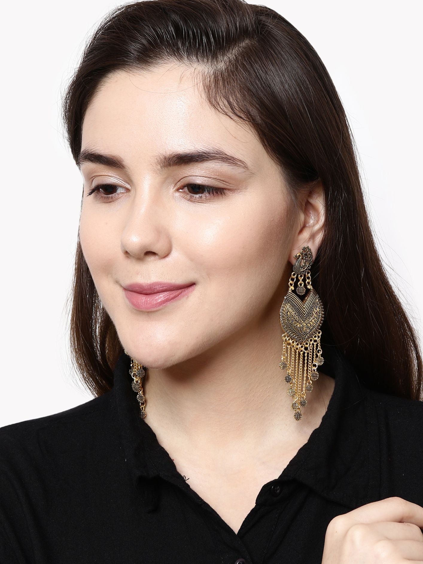 Women's Black & Gold-Plated Enamelled Peacock Shaped Drop Earrings
